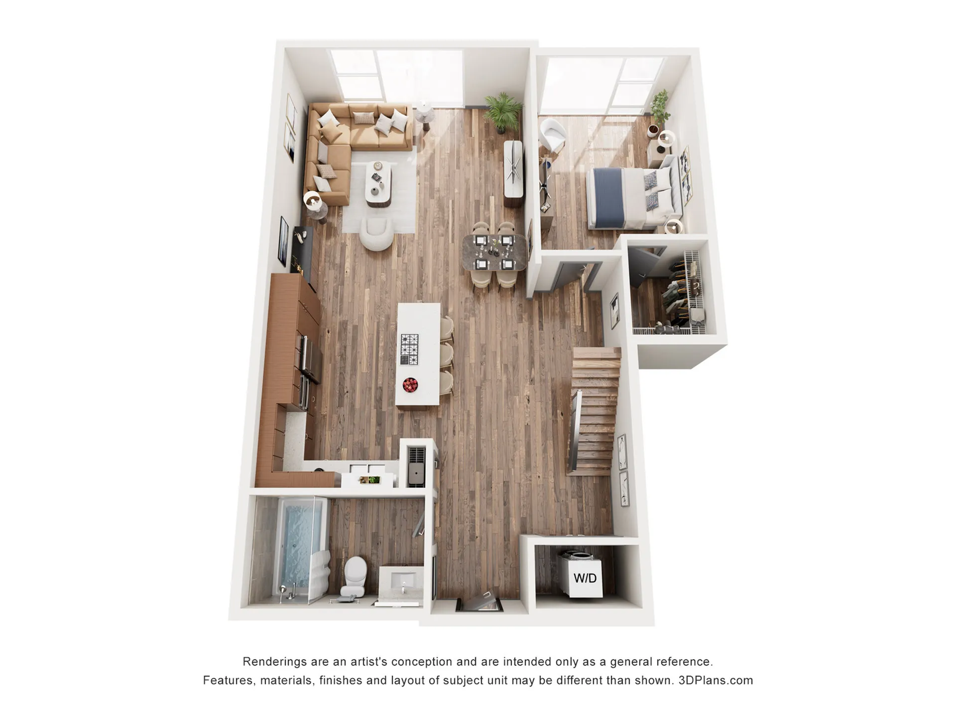 Modern 3D floor plan showcasing a stylish one-bedroom apartment with open-concept living area, sleek kitchen island, cozy bedroom, walk-in closet, and spa-like bathroom.