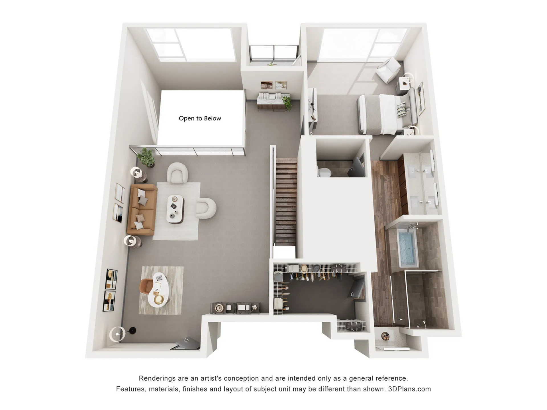 Inviting 3D floor plan showcasing a modern loft with open living space, cozy bedroom, and elegant bathroom.