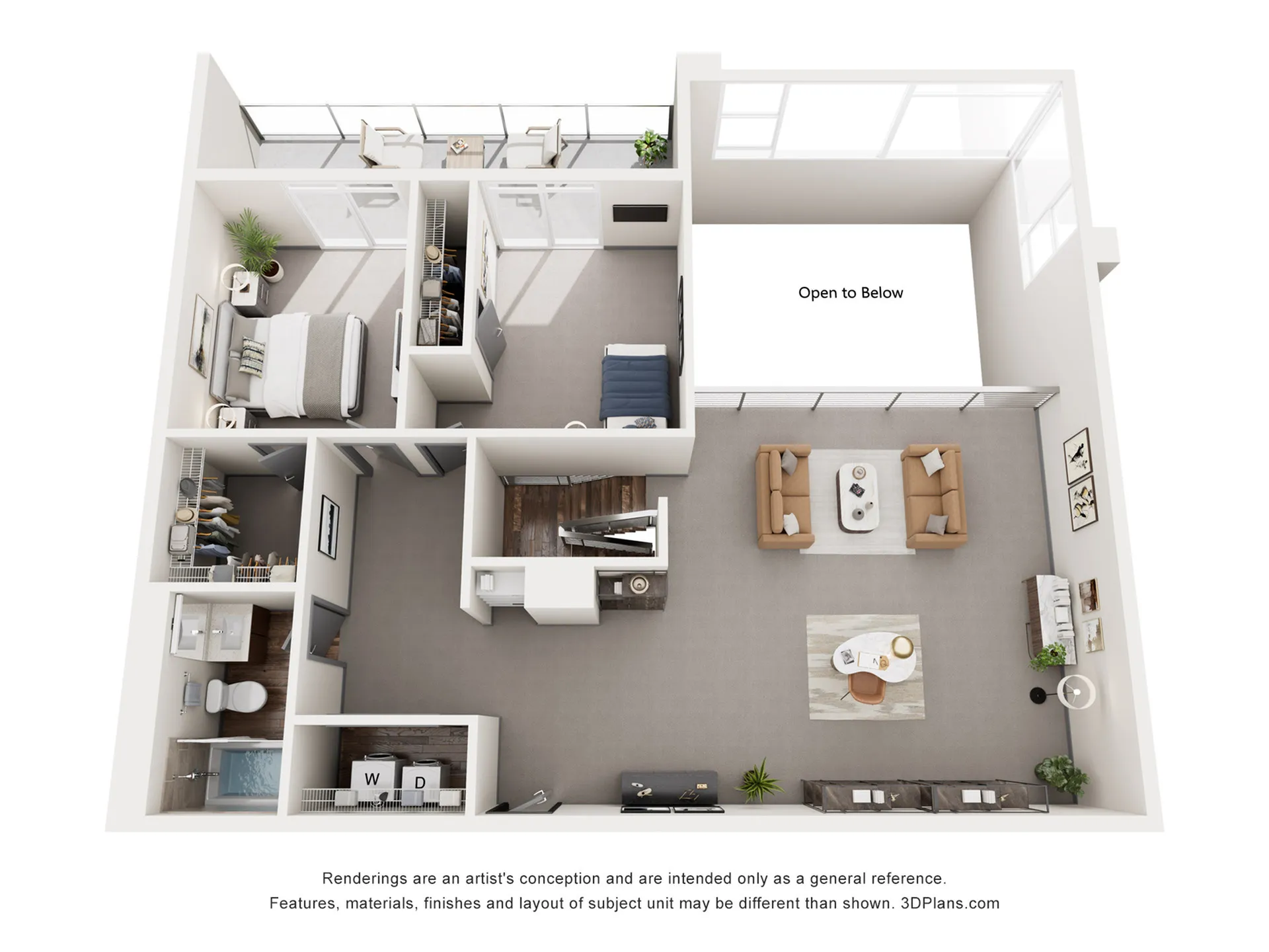 Modern 3D floor plan showcasing two spacious bedrooms, an open-concept living room, stylish kitchen, and a private balcony. Ideal layout for a contemporary lifestyle.