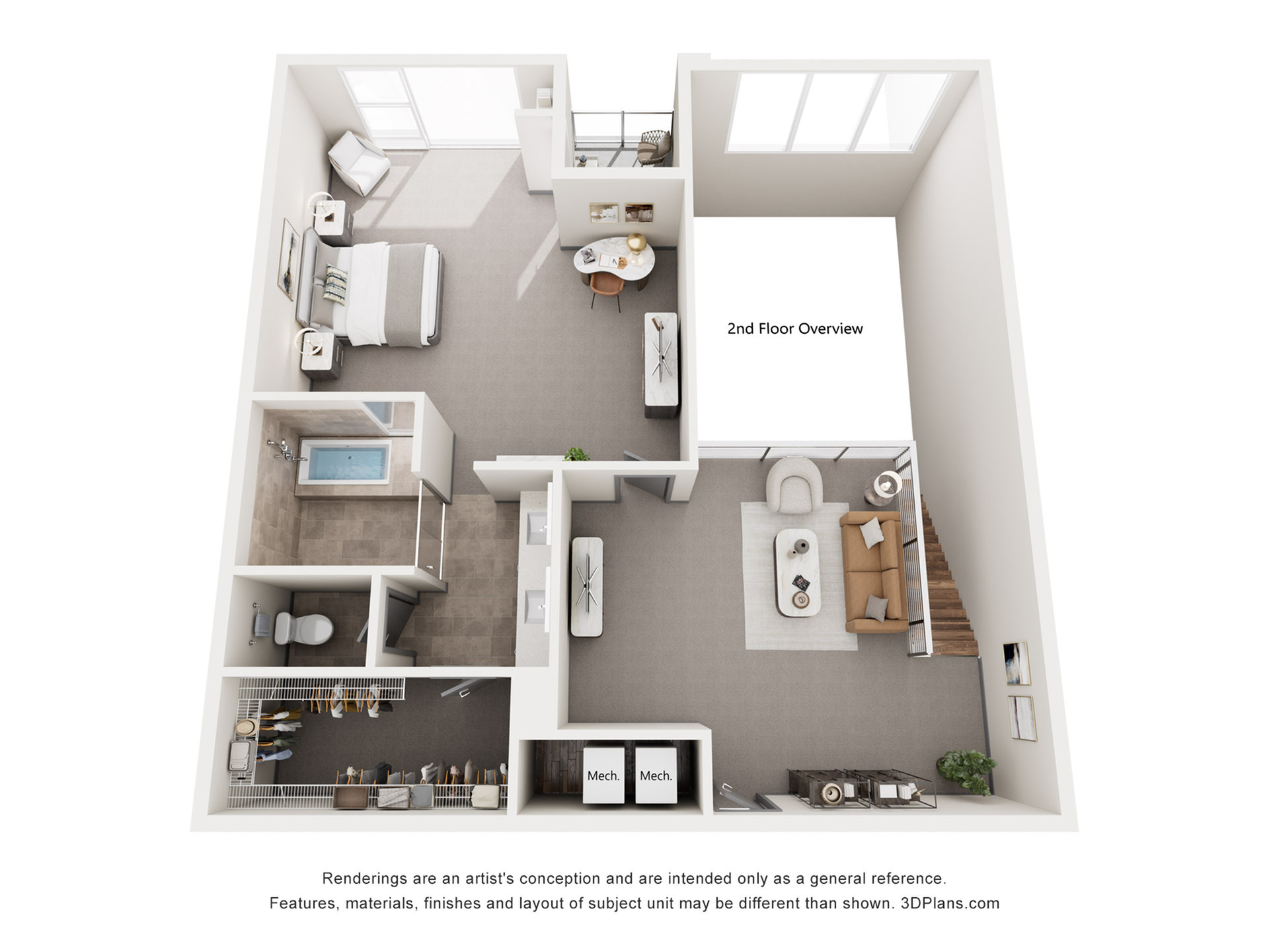 Contemporary 3D floor plan showcasing a 1-bedroom suite with an elegant open-concept living and dining area, modern kitchen, and spacious bathroom, featuring ample natural light on the 2nd floor.