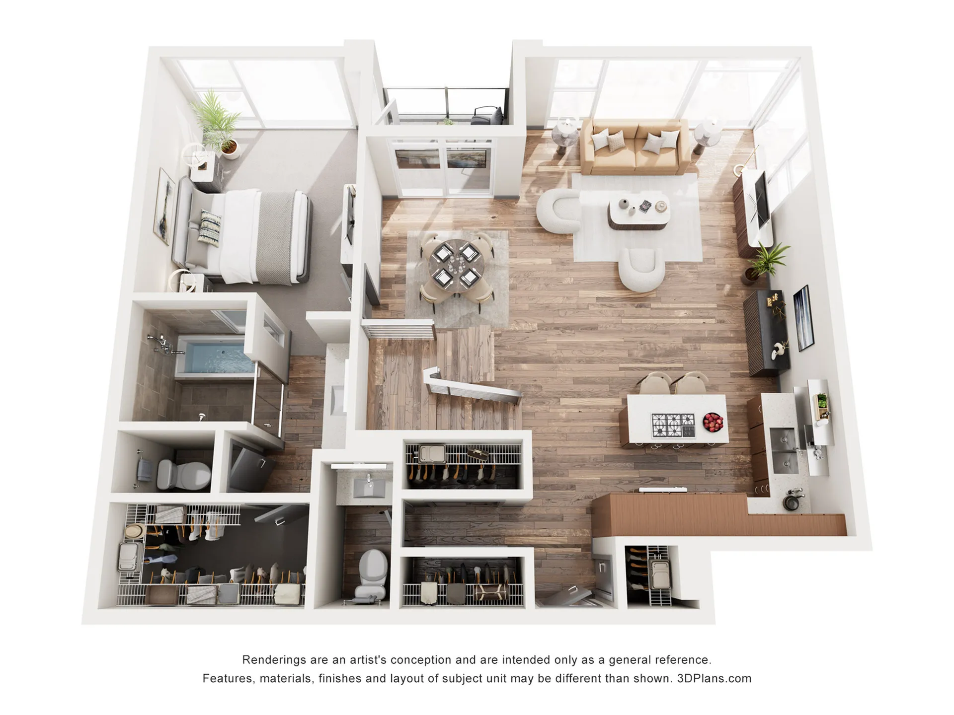 Elegant 3D apartment floor plan showcasing modern open-concept living room, dual cozy bedrooms, sleek kitchen, and two contemporary bathrooms.