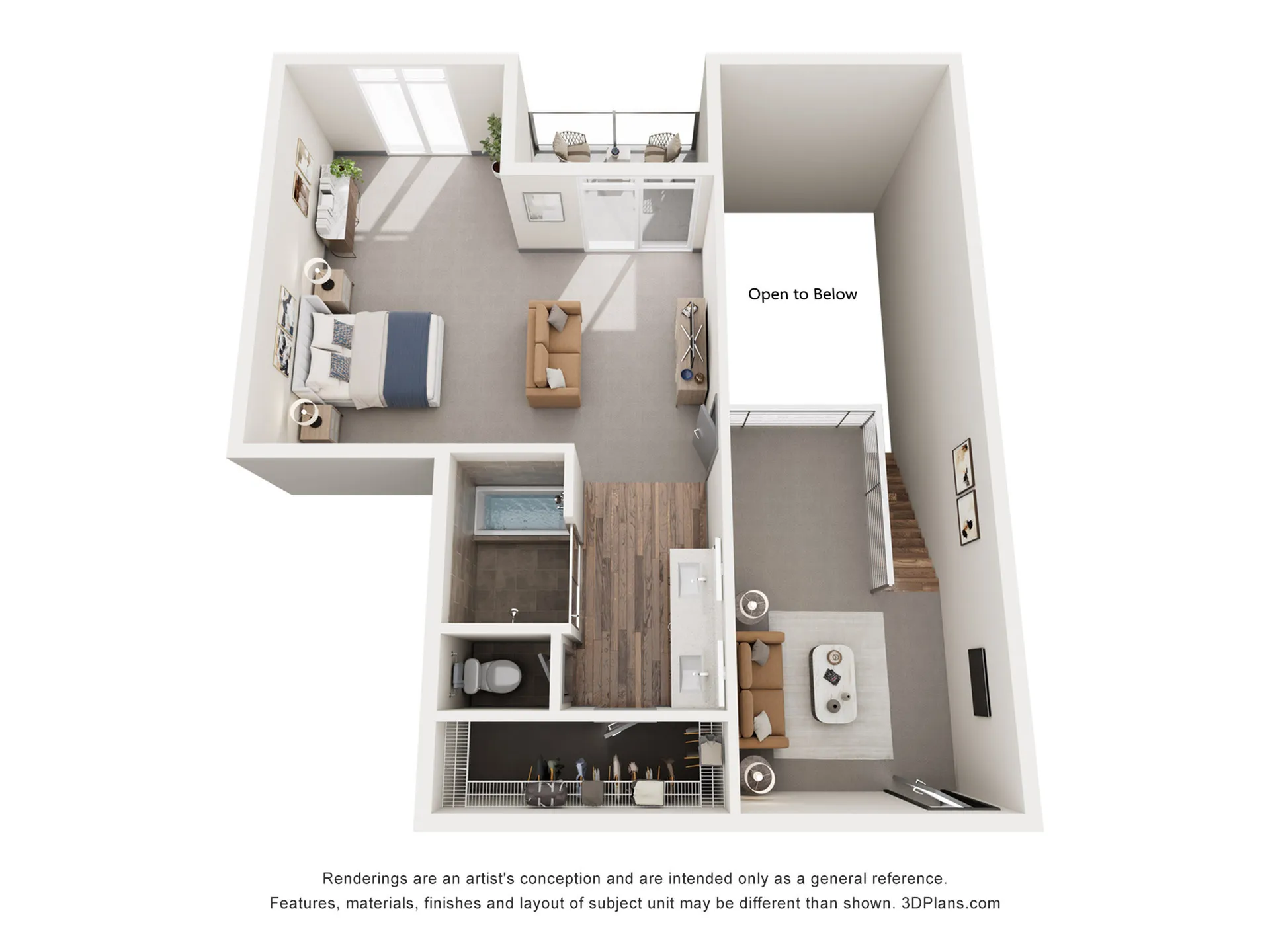 Modern loft-style floor plan showcasing a spacious bedroom, cozy living room, elegant bathroom, and open balcony, perfect for stylish urban living.