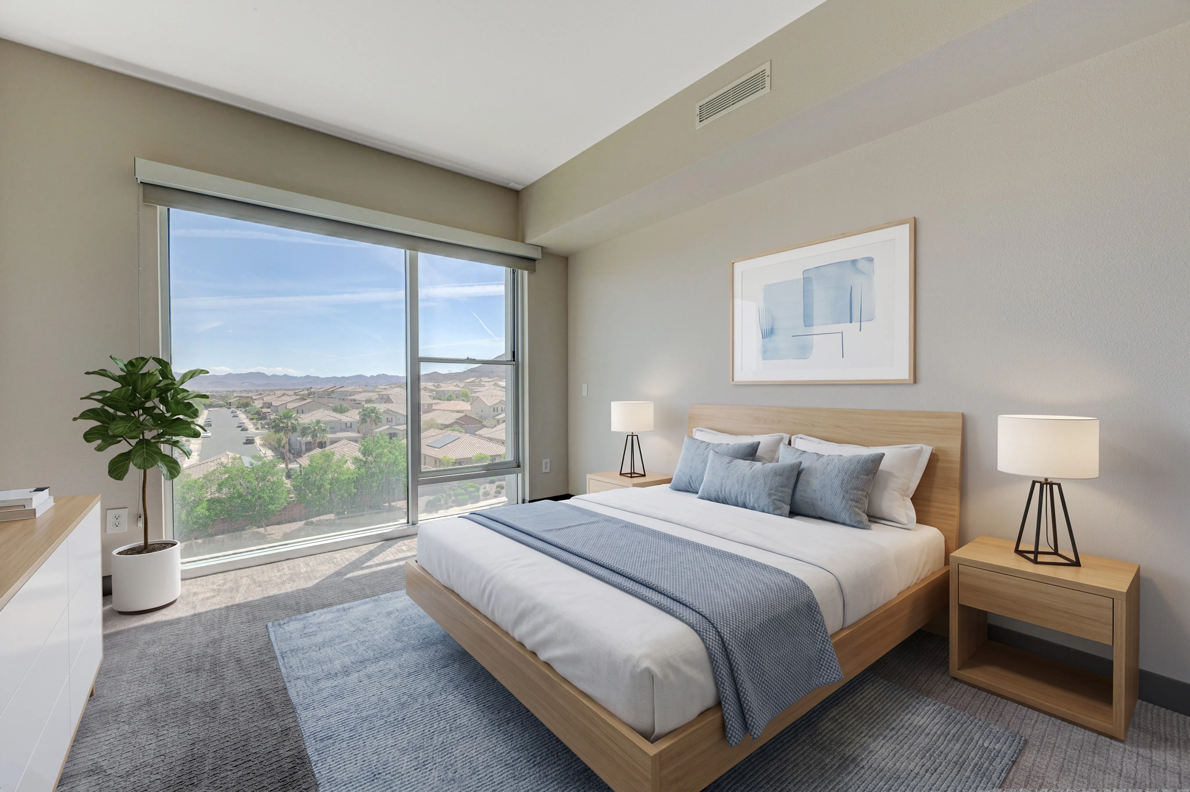 Bright and modern bedroom with a scenic view, featuring a comfortable bed, stylish decor, and large window overlooking a picturesque neighborhood.