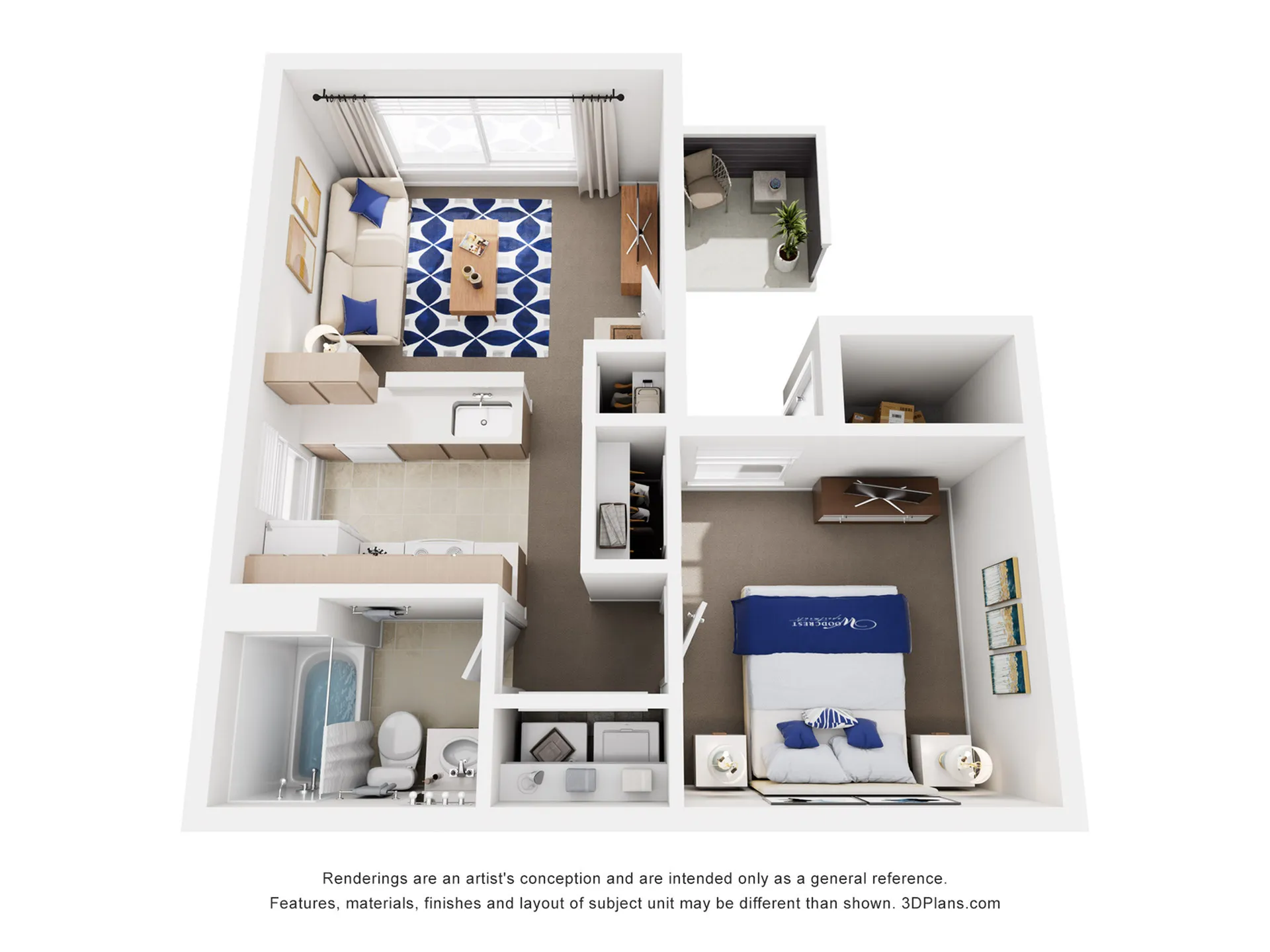 Modern 3D floor plan featuring a cozy 1-bedroom apartment, bright living room, contemporary kitchen, and a stylish bathroom with a luxurious bathtub.