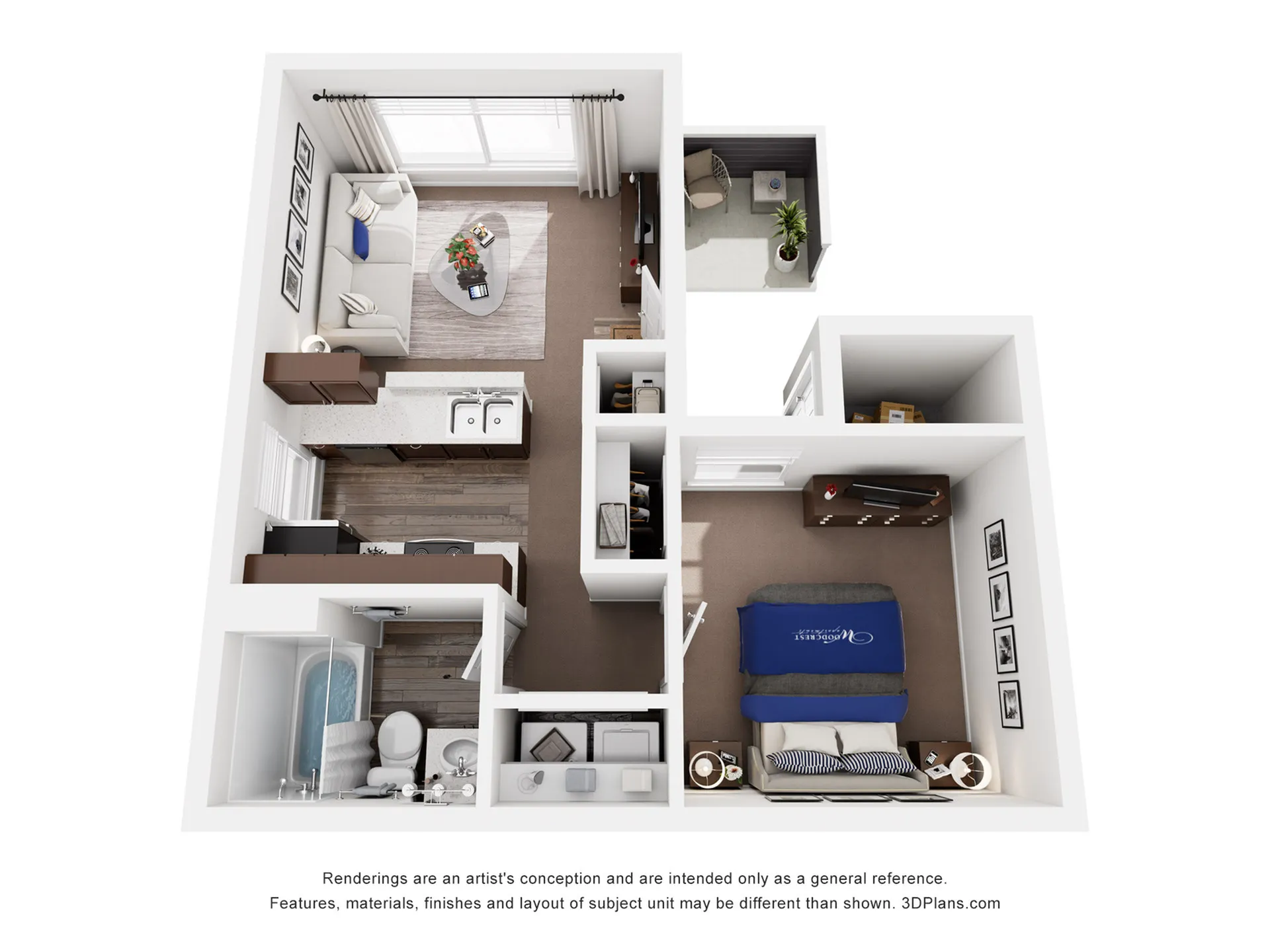 Chic 3D floor plan showcasing a modern one-bedroom apartment with an open-concept living area, stylish kitchen, cozy bedroom, and a private balcony.