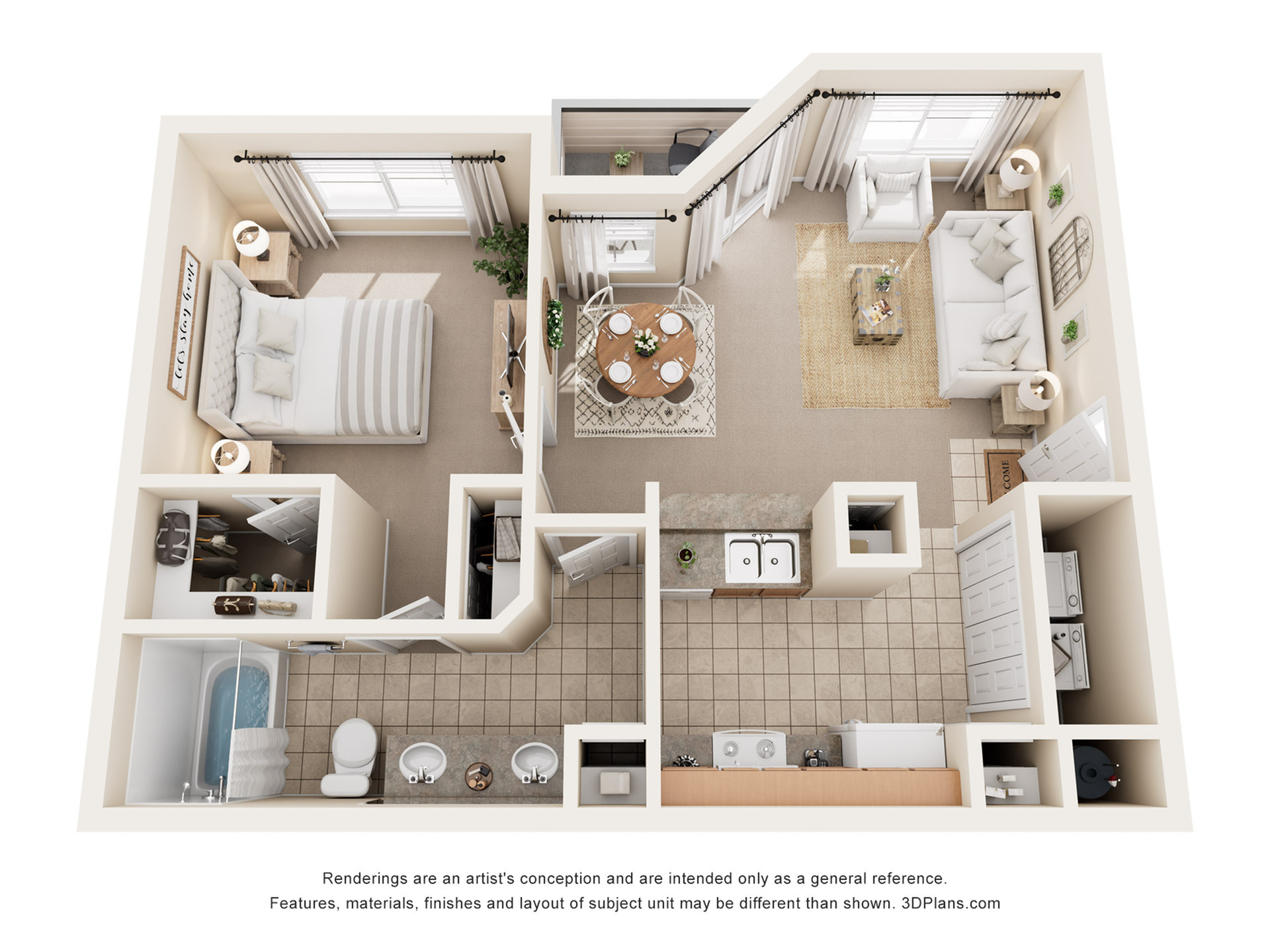 Charming 3D floor plan showcasing a cozy 1-bedroom apartment with an inviting living room, modern kitchen, and spacious bathroom.