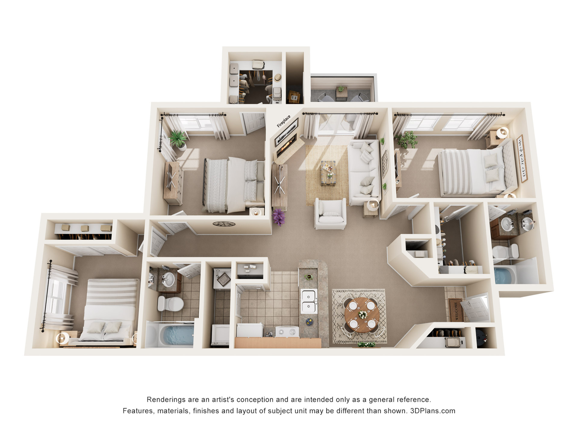 Chic 3D floor plan showcasing a spacious apartment with three bedrooms, a modern kitchen, and an inviting open-concept living area.