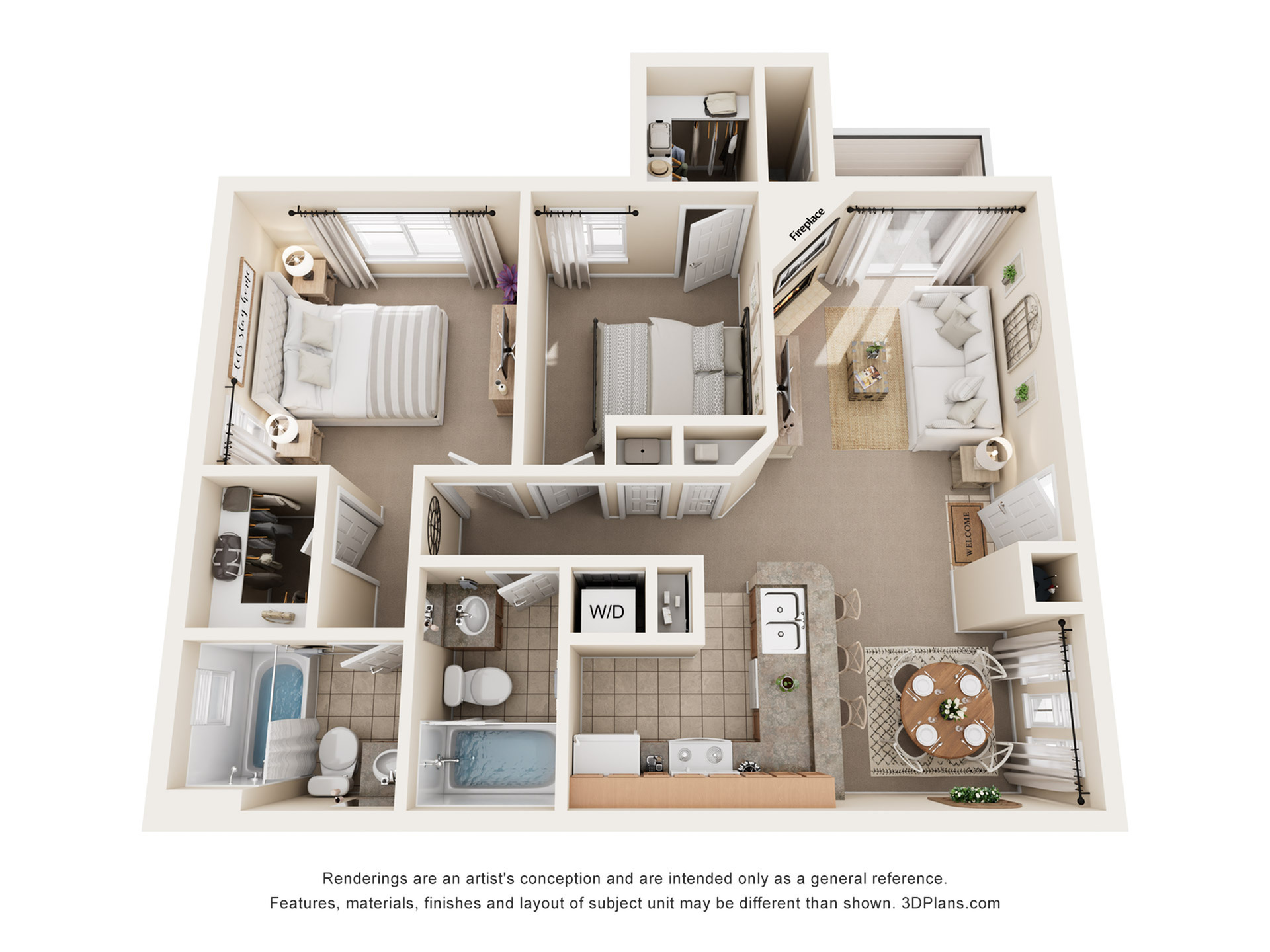 Modern 3D floor plan showcasing two cozy bedrooms, a chic living room with fireplace, a well-equipped kitchen with a bar, and a stylish dining area, complete with two bathrooms and a laundry unit.