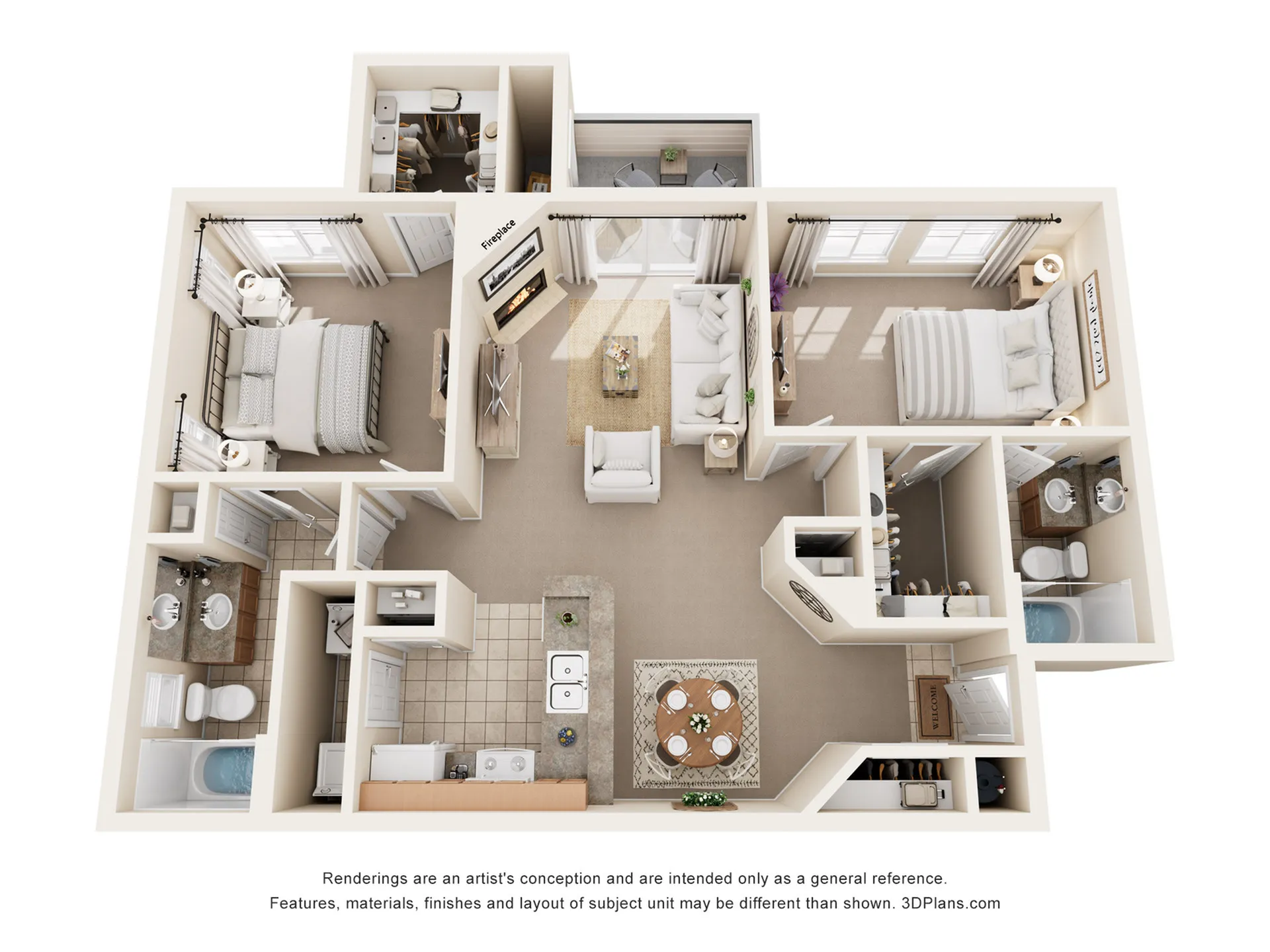 Modern 3D floor plan with two bedrooms, two bathrooms, an open living area, and a cozy fireplace, perfect for stylish living.