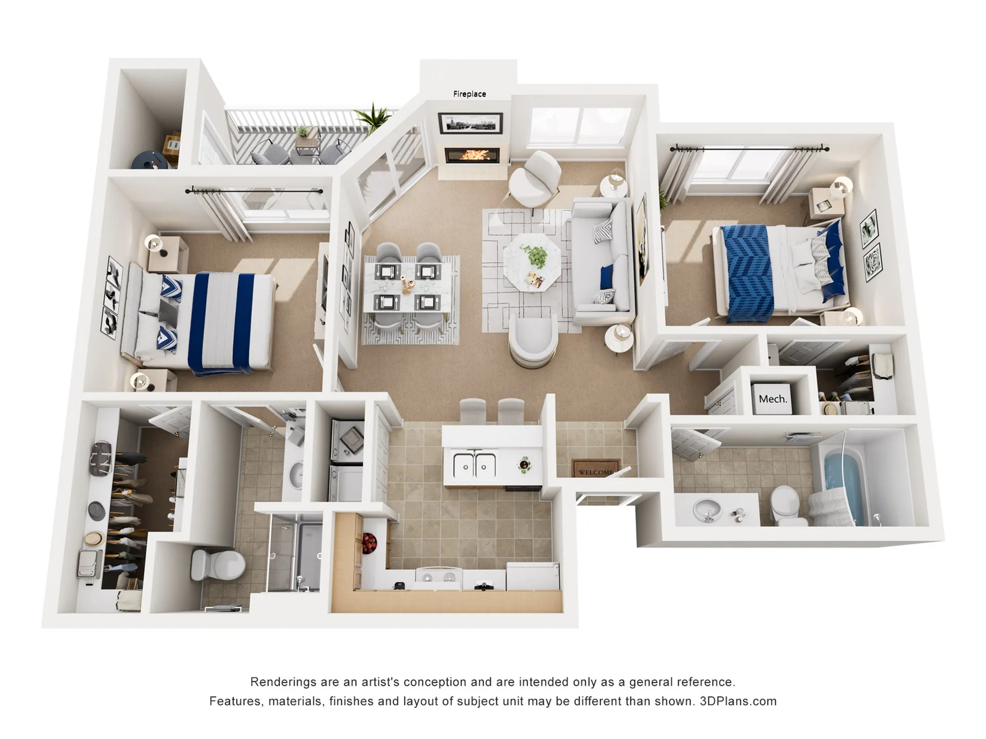 Inviting 3D apartment floor plan showcasing 2 spacious bedrooms, a cozy living room with a fireplace, and an elegant dining area. Features an open kitchen, two modern bathrooms, and a private balcony for relaxation.