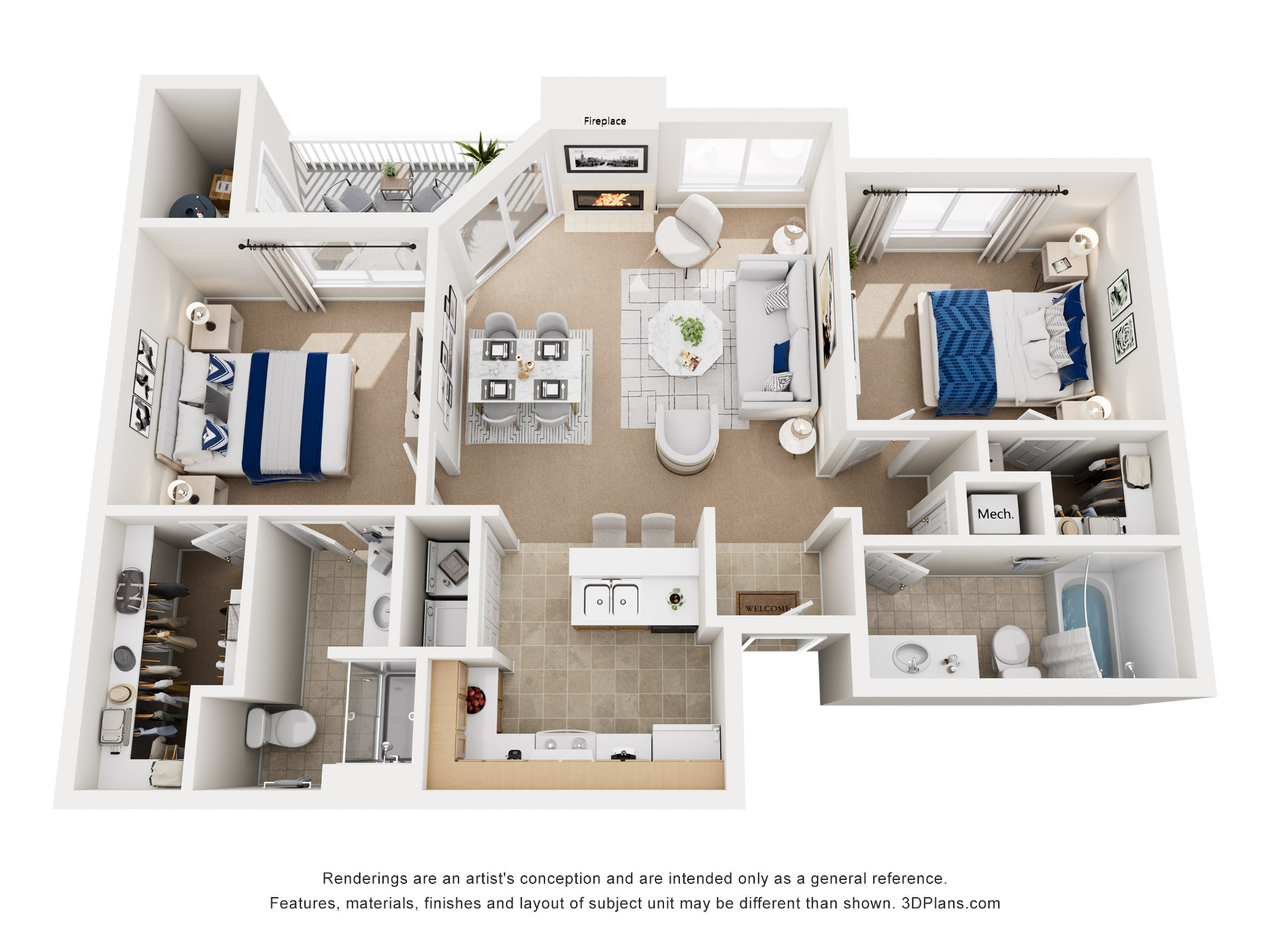 Elegant 3D floor plan showcasing 2 bedrooms, a cozy living room with fireplace, modern kitchen, and private balcony.