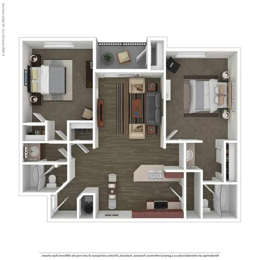 Elegant 3D floor plan featuring 2 spacious bedrooms, a modern open-concept living area, and a sleek kitchen with state-of-the-art appliances.