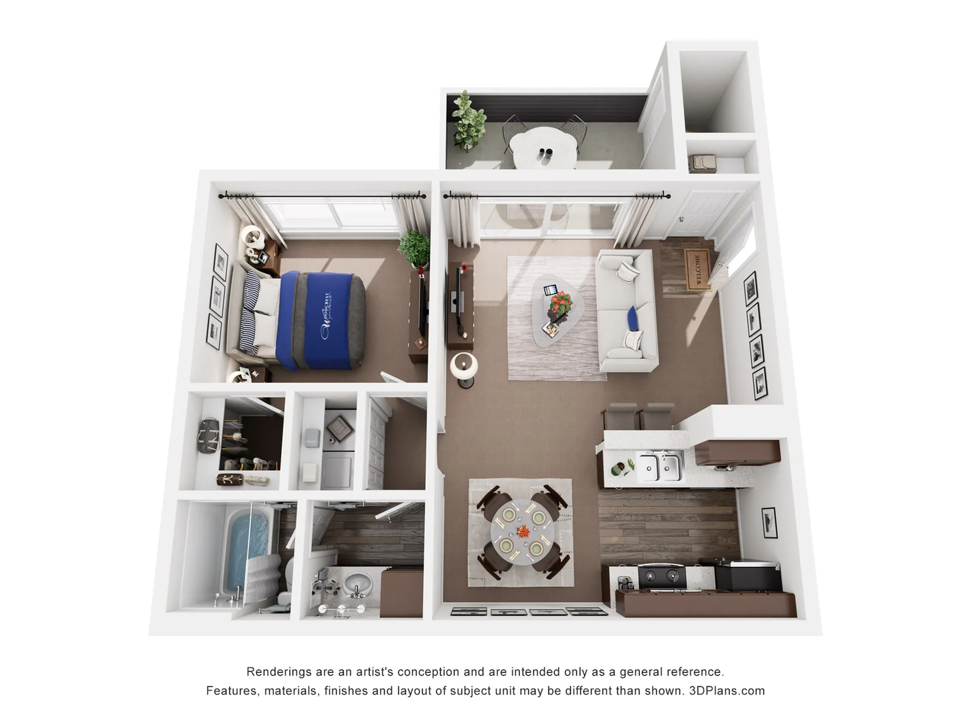 Modern 3D floor plan showcasing 1 bedroom, a chic living room, and a cozy kitchen with dining area, perfect for stylish urban living.