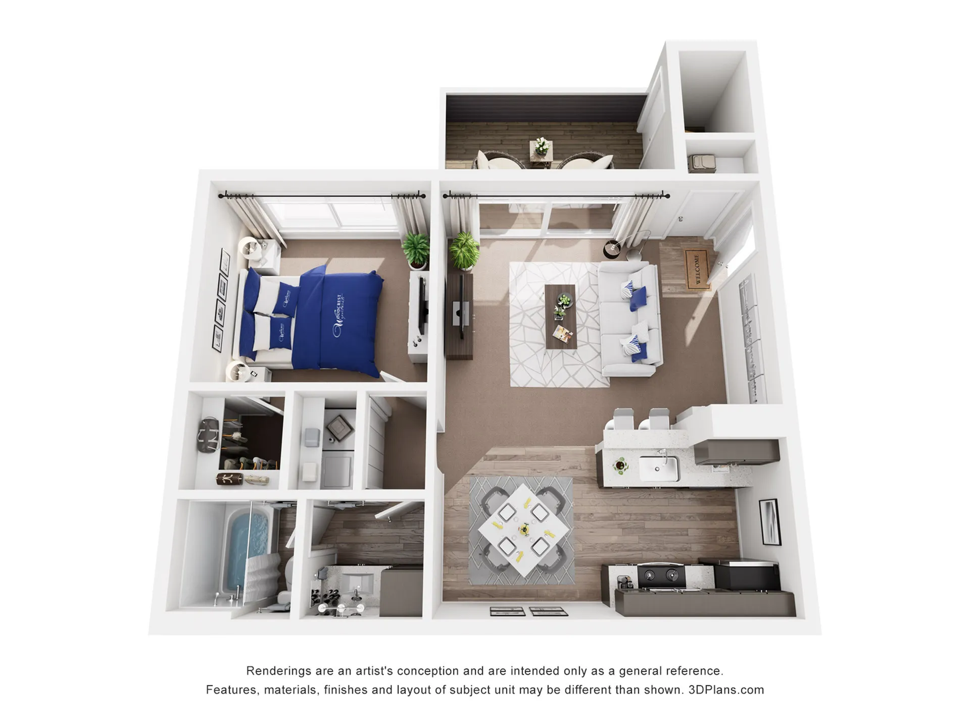 Chic 3D floor plan featuring a contemporary one-bedroom apartment with an open-plan living and dining area, modern kitchen, and private patio.