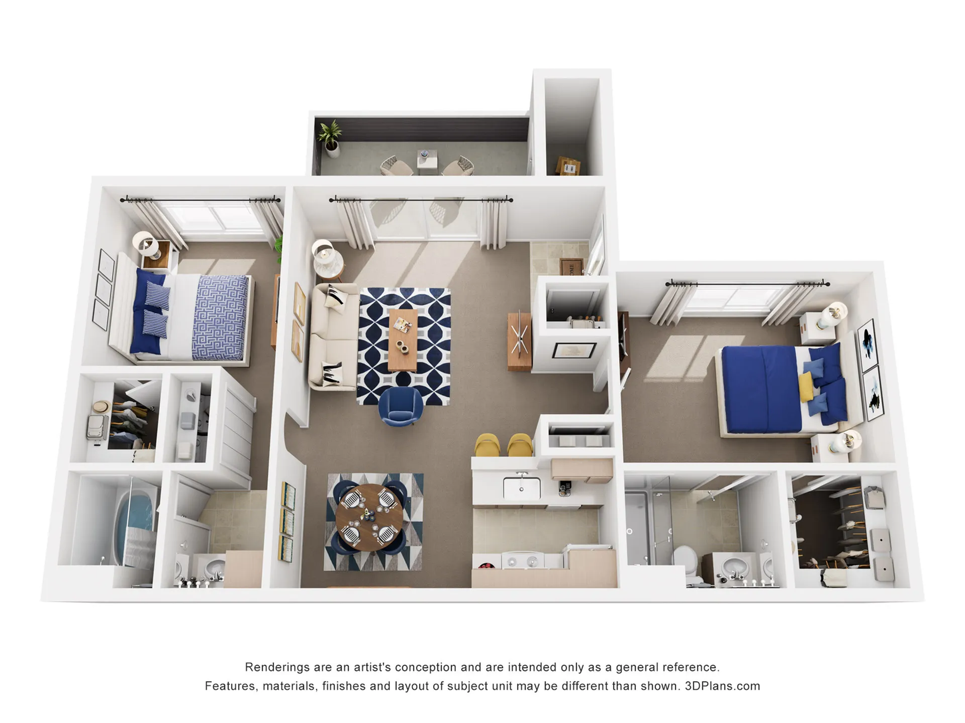 Chic 3D floor plan showcasing 2 spacious bedrooms, a stylish living area, modern kitchen, and private balcony.