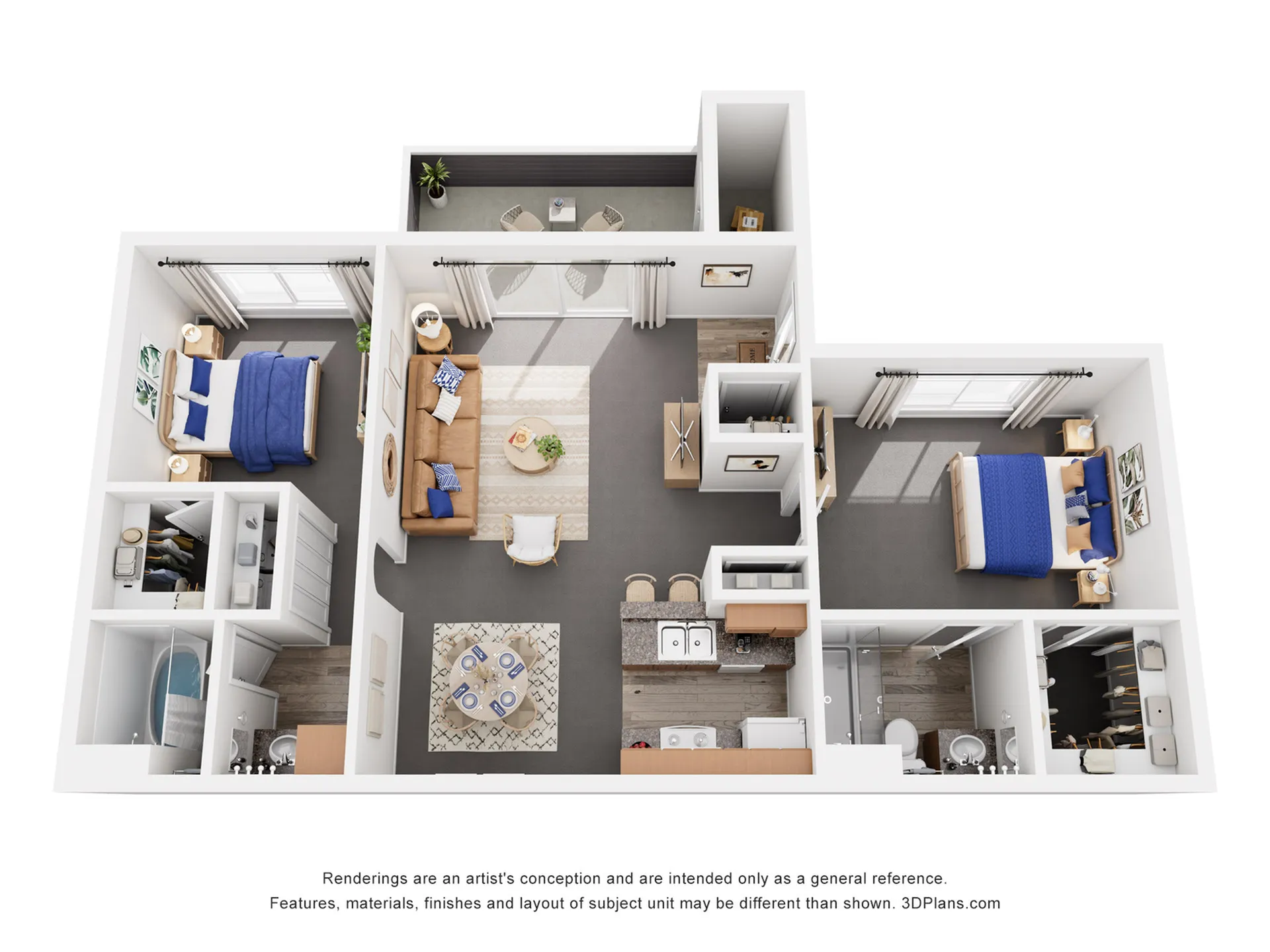 Modern apartment floor plan featuring 2 bedrooms, an inviting living room, sleek kitchen with breakfast bar, and private balcony.