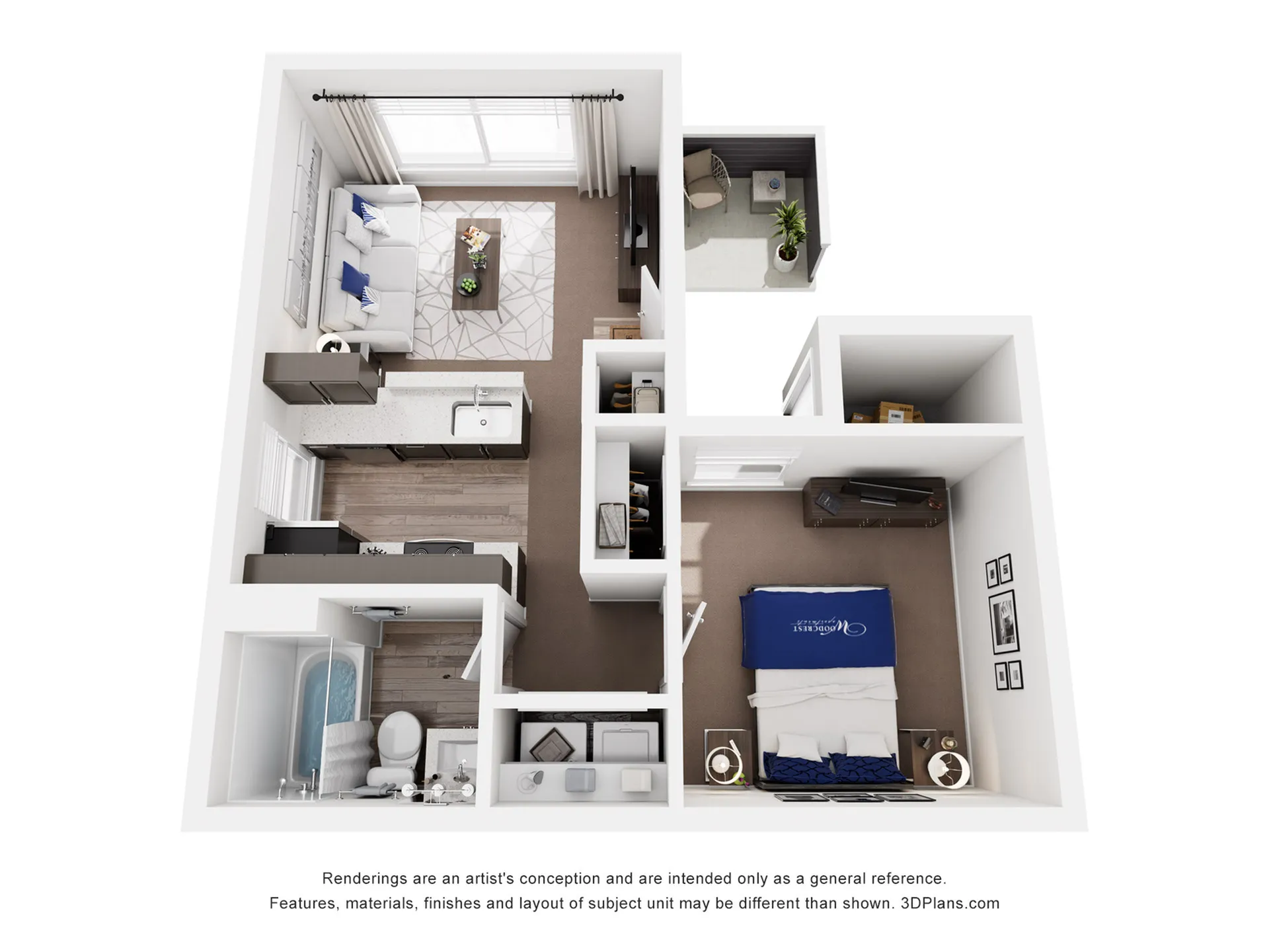 Modern 3D floor plan showcasing a stylish one-bedroom apartment with open living space, sleek kitchen, and private balcony.
