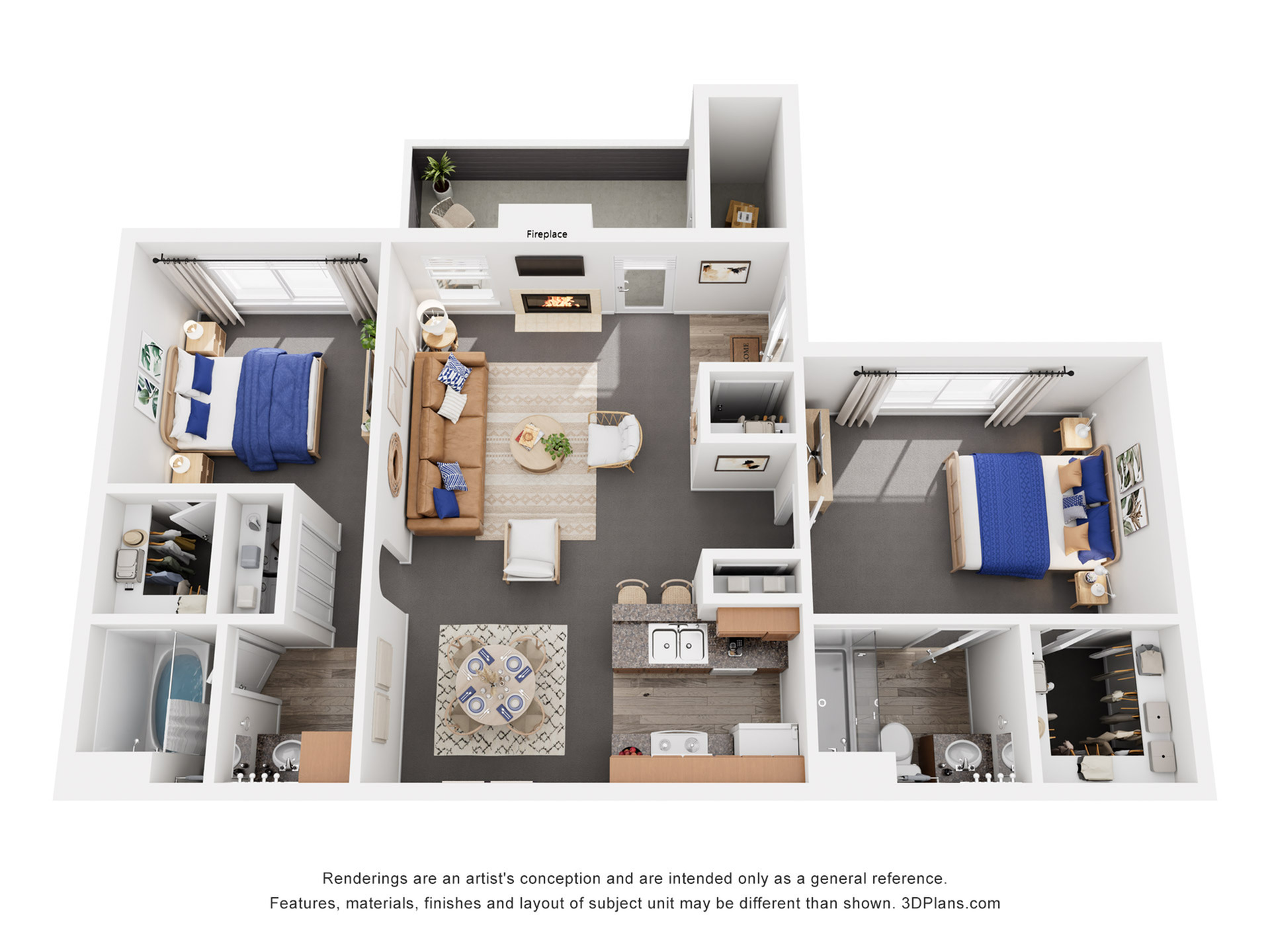Elegant 3D floor plan showcasing 2 bedrooms, a cozy living area with a fireplace, and a modern kitchen with a dining space.