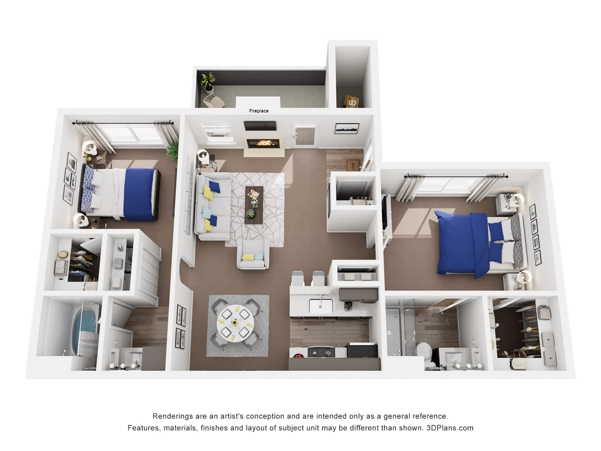 Modern 3D floor plan with 2 spacious bedrooms, stylish open-concept living area with fireplace, and sleek kitchen layout.
