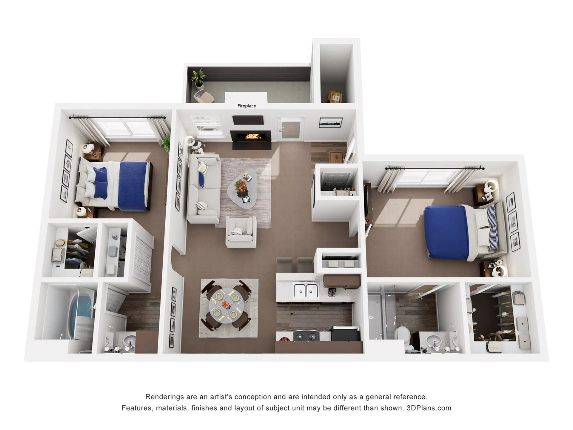 Elegant 3D floor plan showcasing a modern apartment with two bedrooms, a cozy living room featuring a fireplace, a stylish kitchen, and a dedicated dining area.