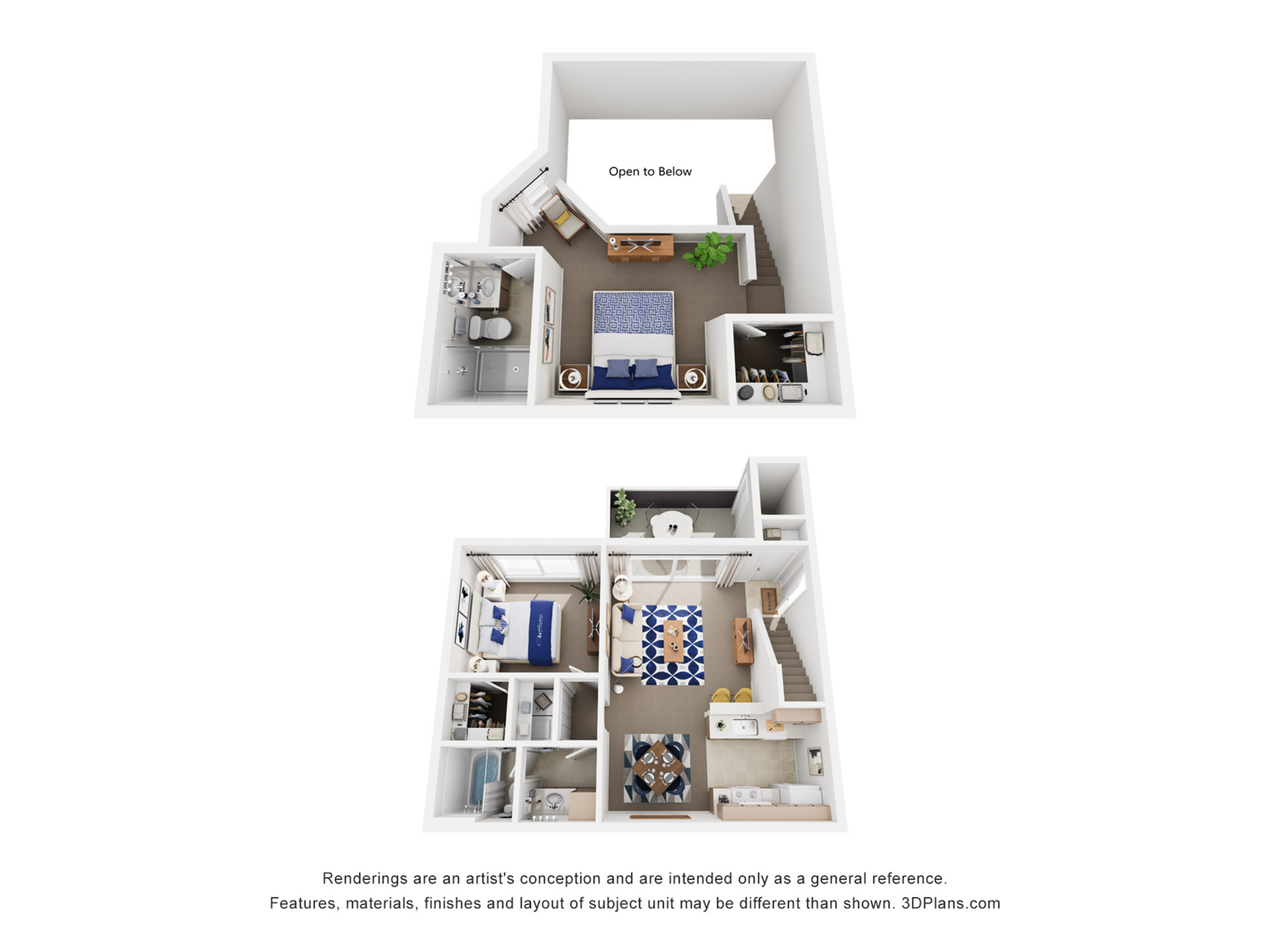 Chic 3D floor plan showcasing a modern two-level apartment with two bedrooms, open living-dining area, and a cozy upstairs suite.