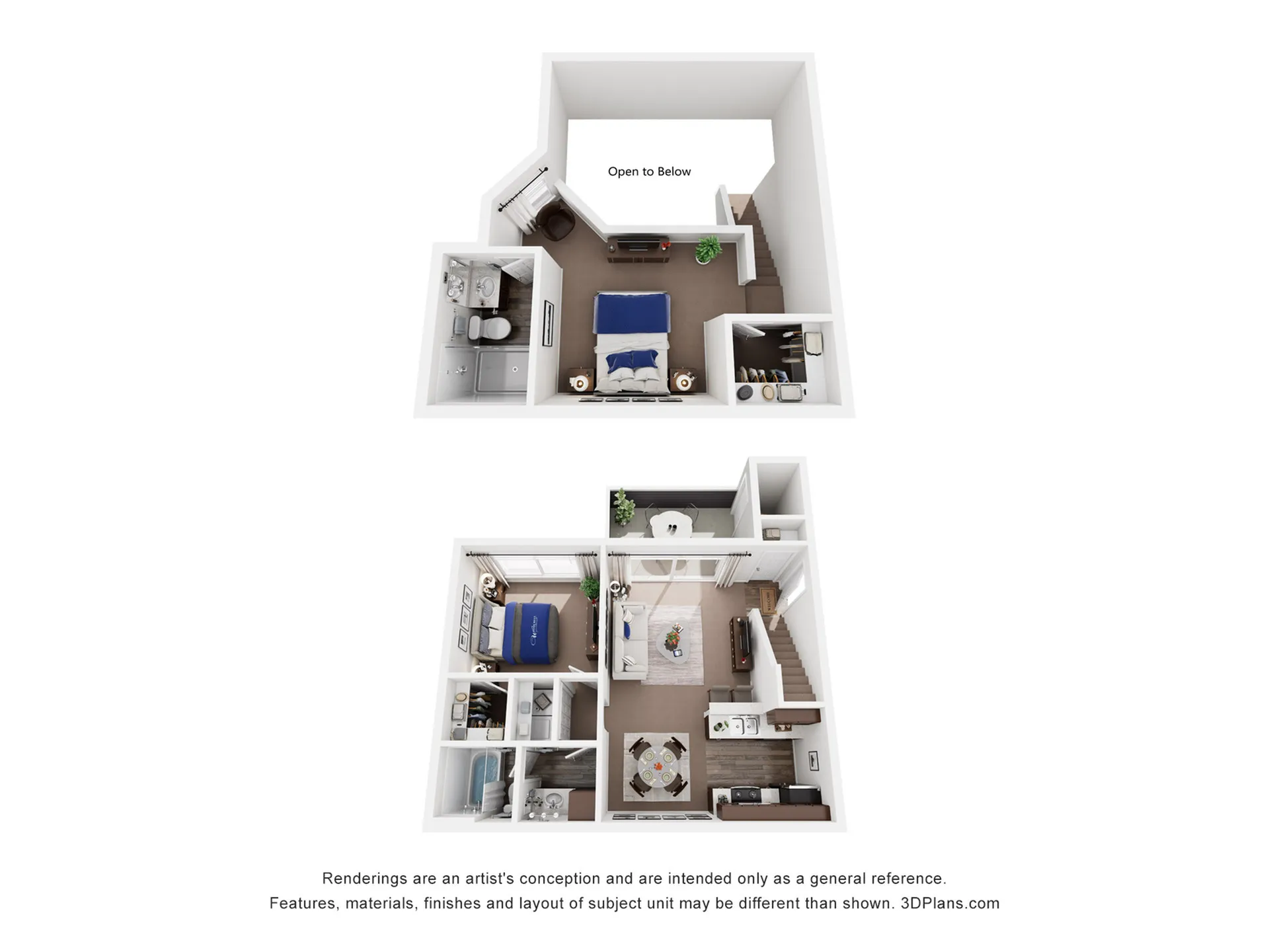 Inviting two-story floor plan showcasing 2 bedrooms, modern kitchen, cozy living room, and an elegant staircase.