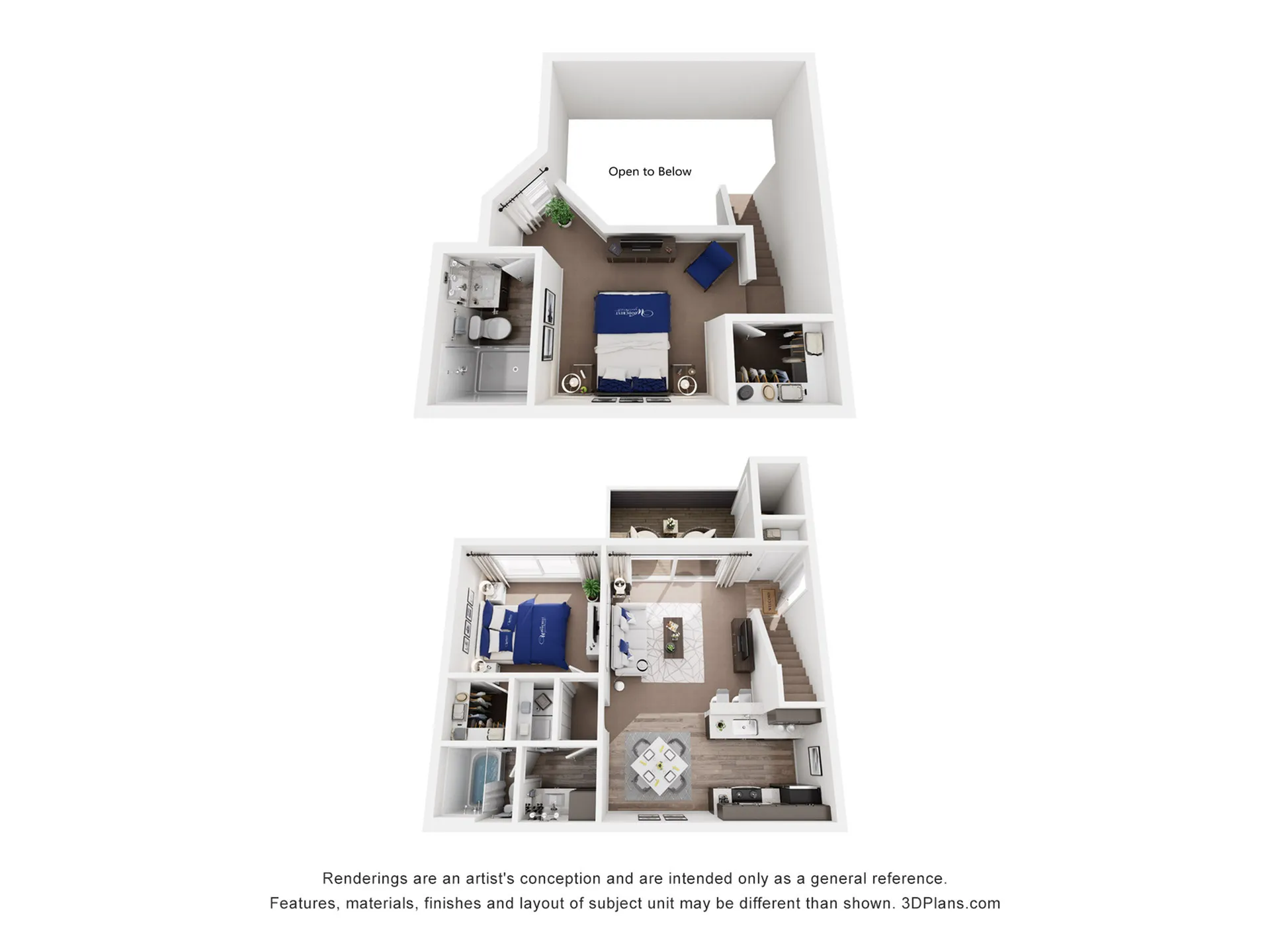 Chic bi-level floor plan showcasing two bedrooms, a spacious living room, and a modern kitchen with open views to below.