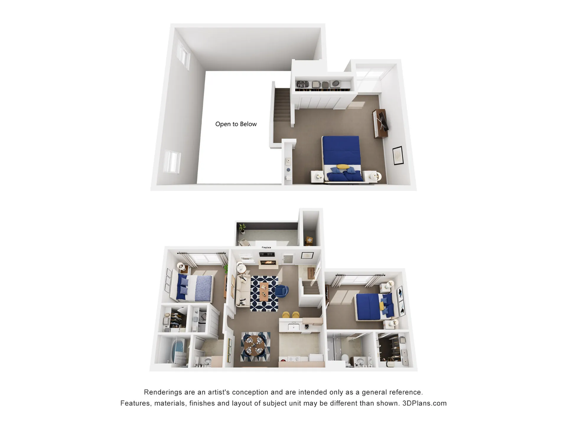 Charming two-story floor plan with two bedrooms, an open living area, and rooftop balcony for a chic urban lifestyle.