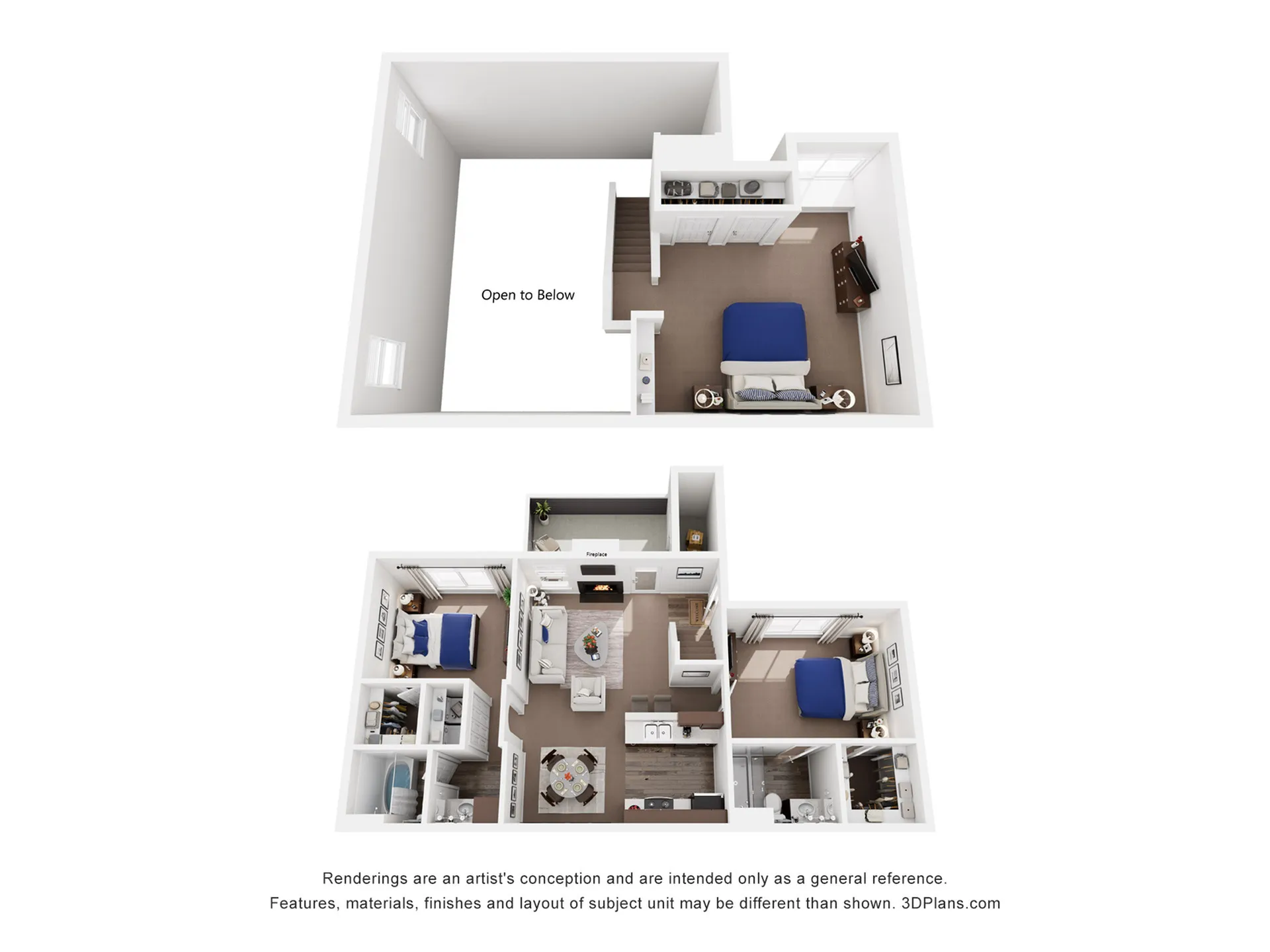 Elegant 3D floor plan featuring a two-story layout with spacious bedrooms, a cozy living room with fireplace, and modern kitchen design.