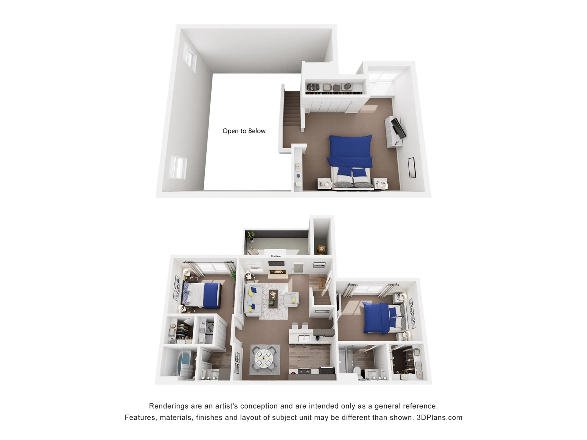 Elegant two-story apartment floor plan showcasing an open loft space, two bedrooms, cozy living area, and modern kitchen.