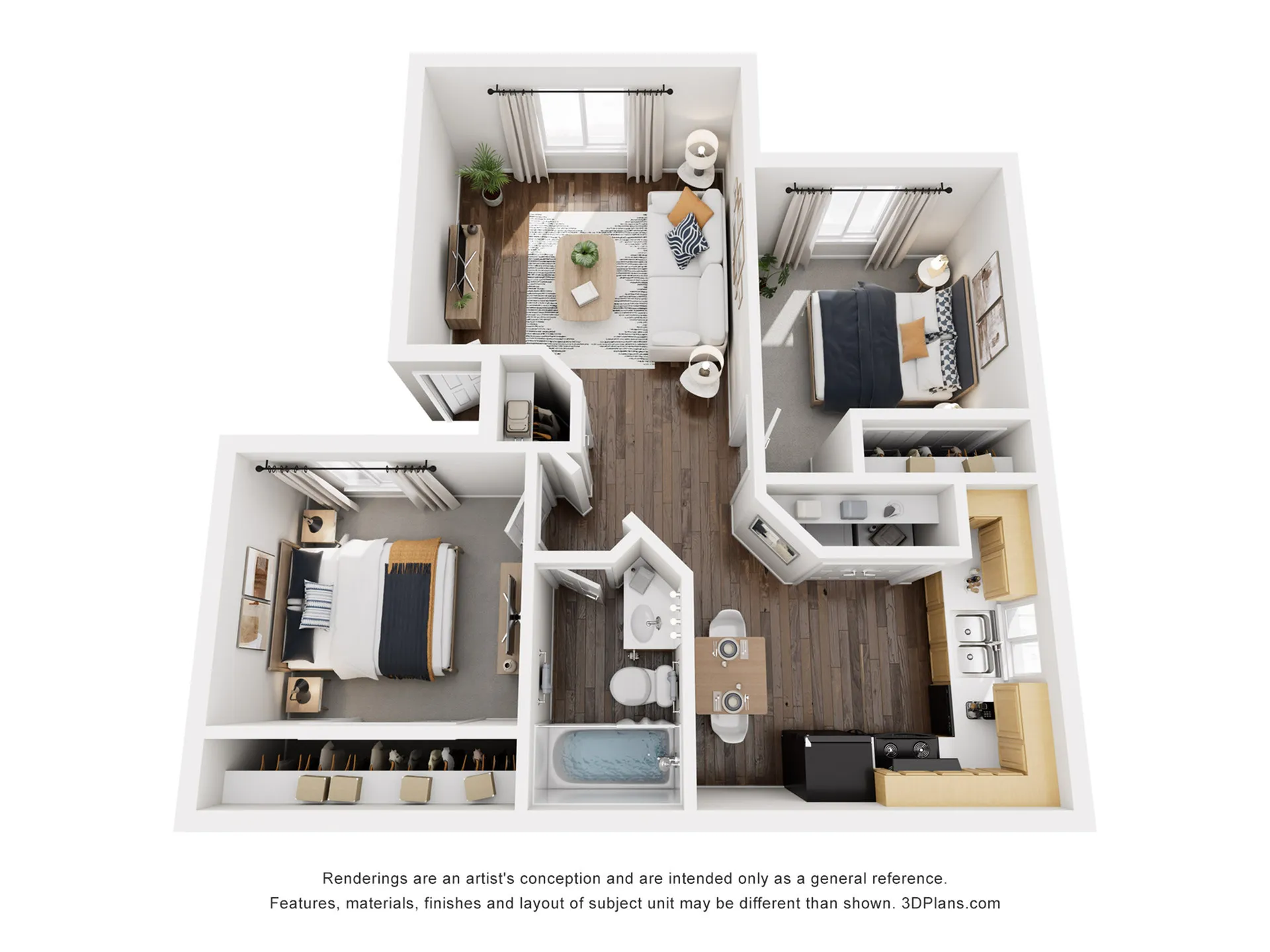 Elegant 2-bedroom apartment floor plan showcasing a modern living area, cozy bedrooms, and a functional kitchen in a contemporary layout.