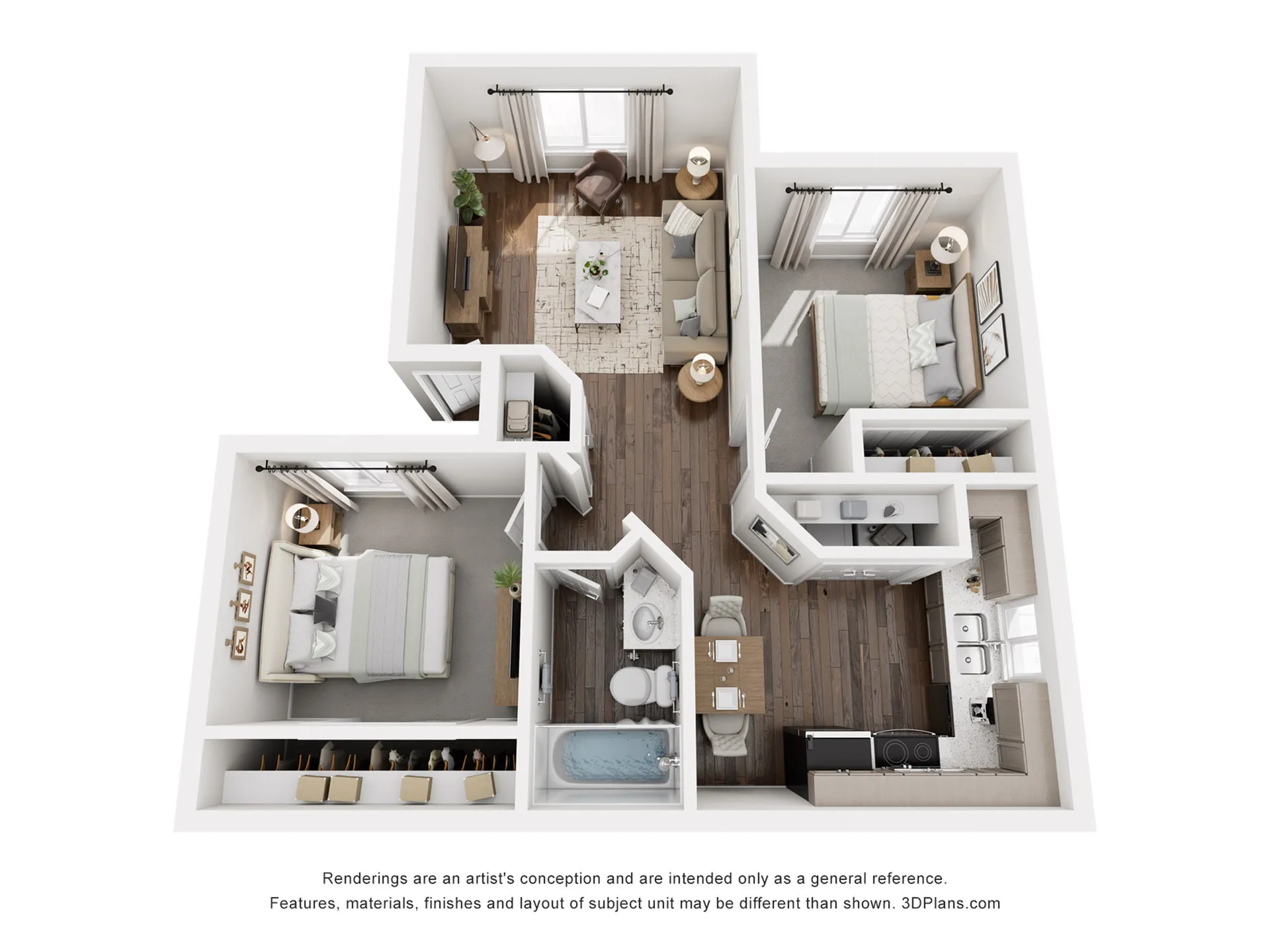 Chic 3D floor plan illustration featuring two cozy bedrooms, an inviting living room with modern decor, a functional kitchen, and a stylish bathroom, all designed to maximize comfort and space.
