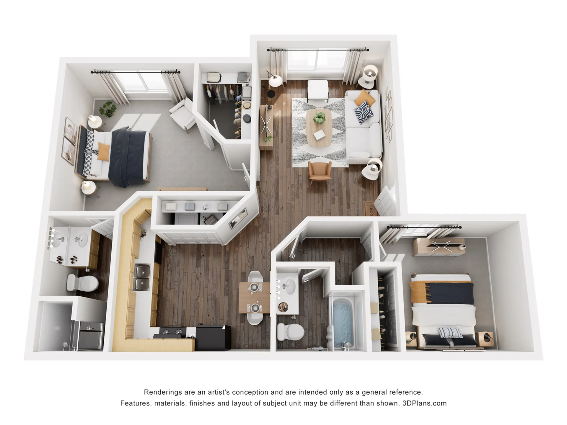 Modern 2D floor plan featuring two spacious bedrooms, an inviting open-concept living area, sleek kitchen, and two bathrooms with contemporary fixtures.