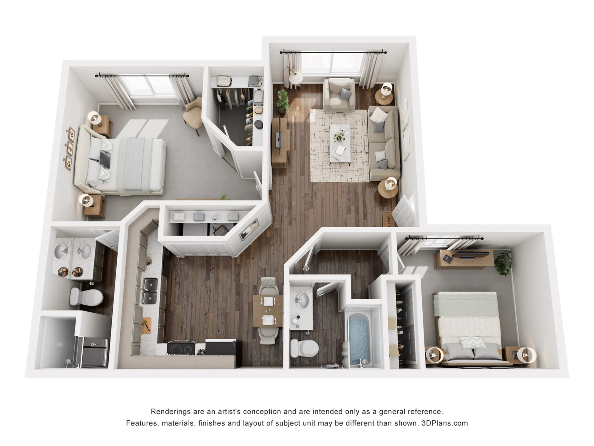 Chic 3D floor plan showcasing an elegant two-bedroom apartment with a spacious open-concept living and dining area, modern kitchen, two stylish bathrooms, and abundant natural lighting.