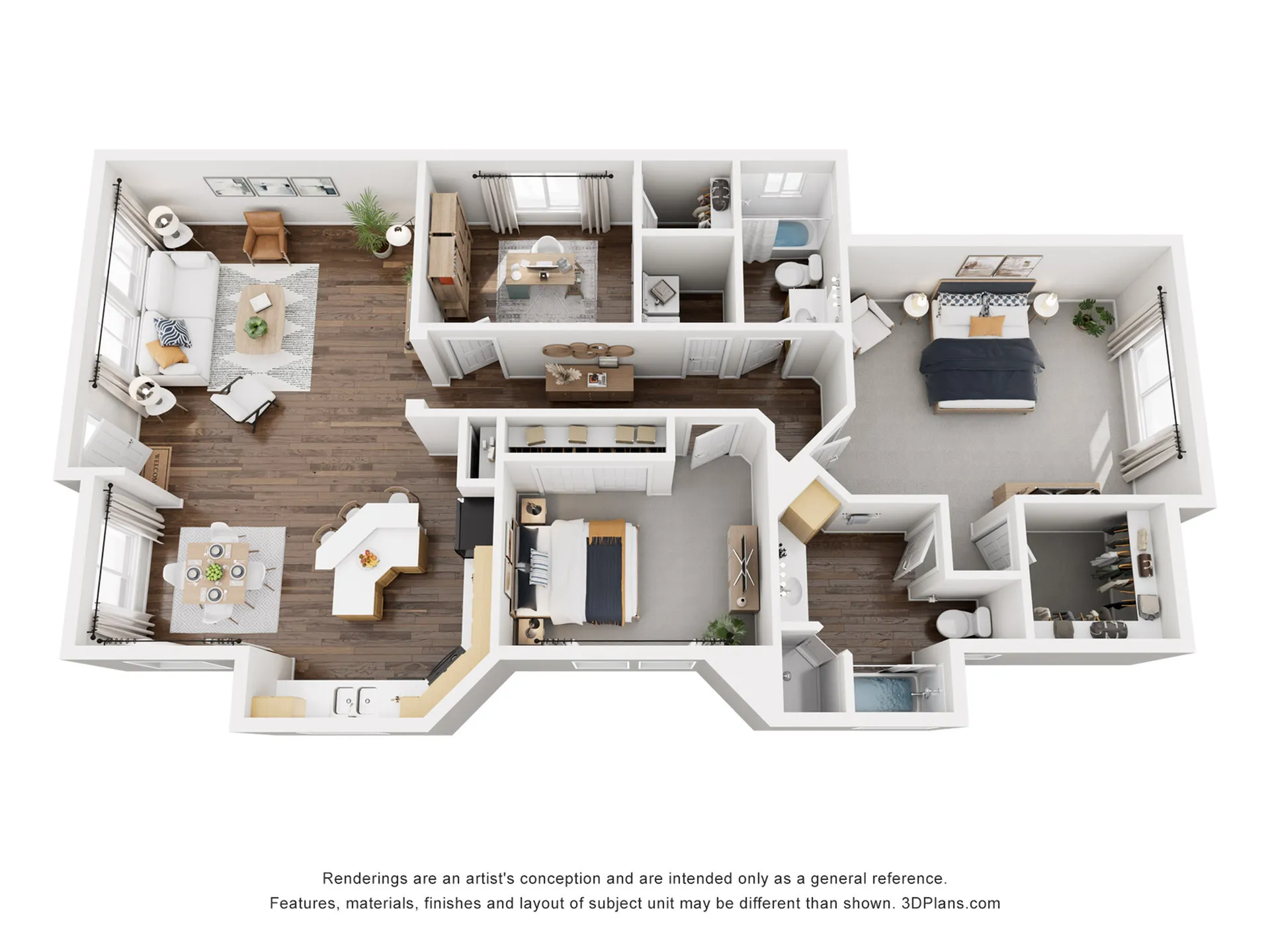 Modern 3D floor plan featuring 2 bedrooms, a sunlit living room, and a spacious kitchen with dining area, offering a sleek and inviting layout.