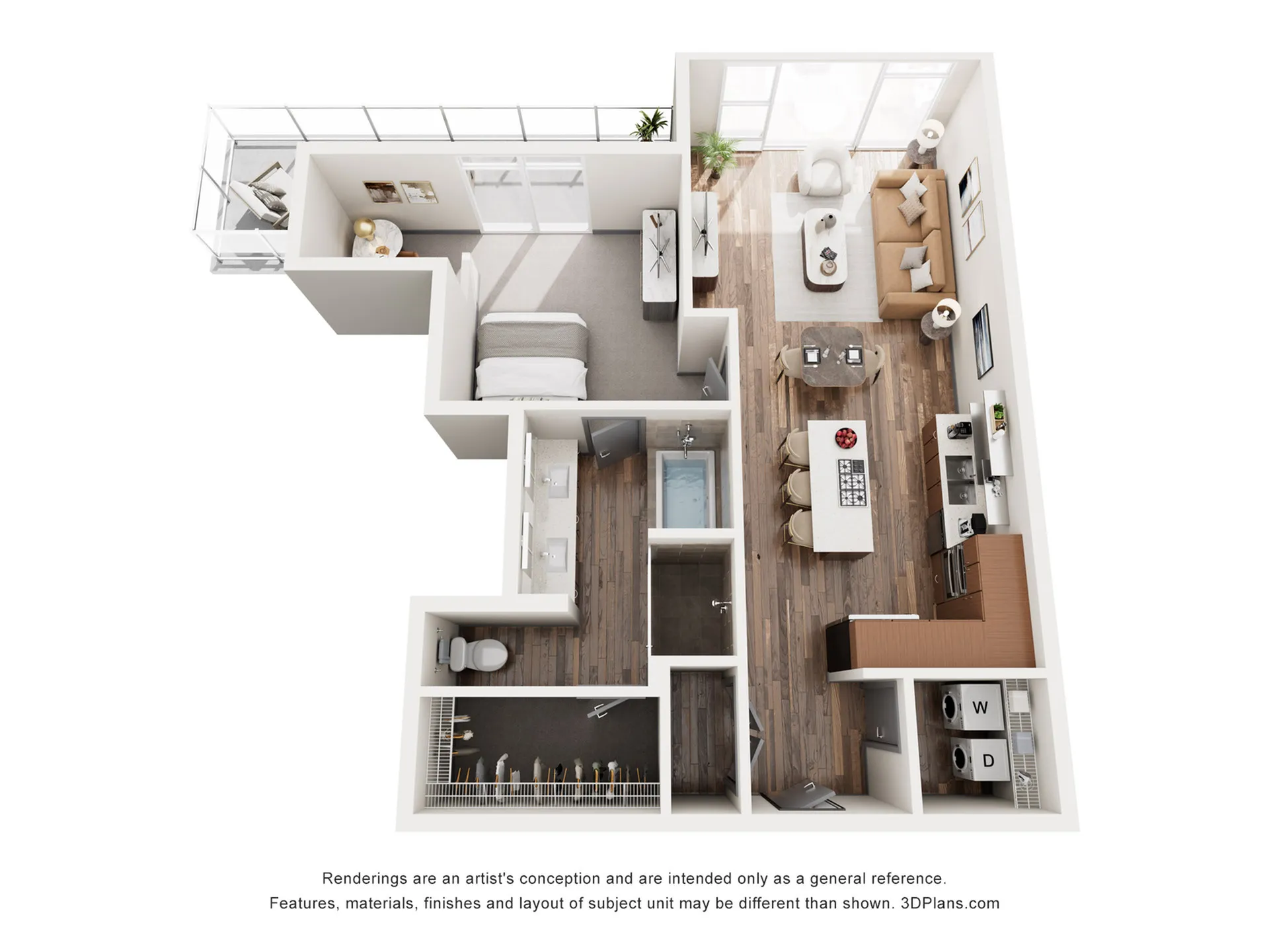 Modern 3D floor plan featuring a spacious one-bedroom layout with an open-concept living area, sleek kitchen, and private balcony.