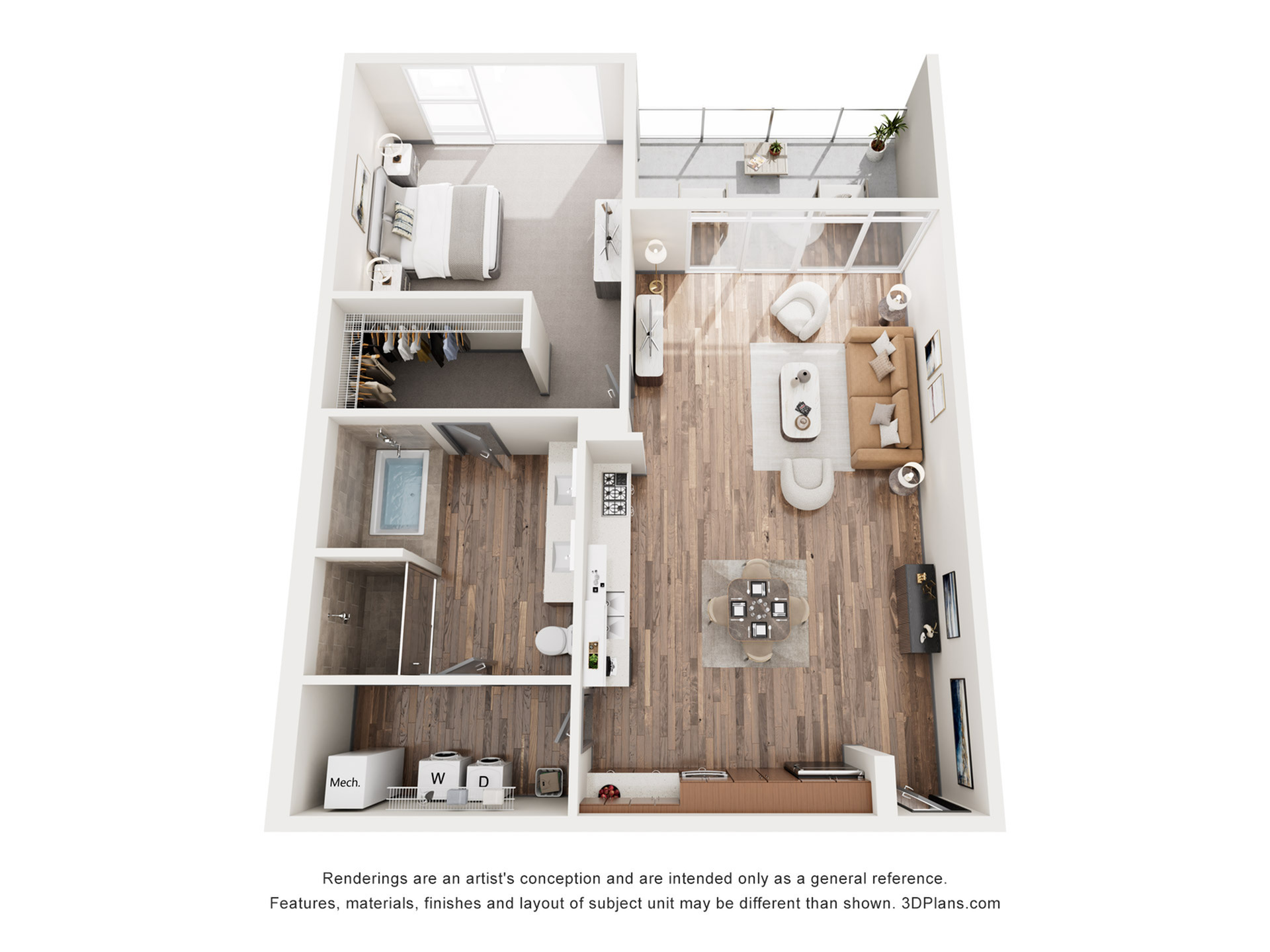 Chic apartment layout displaying a cozy bedroom, modern kitchen, stylish living area, and a private balcony, perfect for urban living.