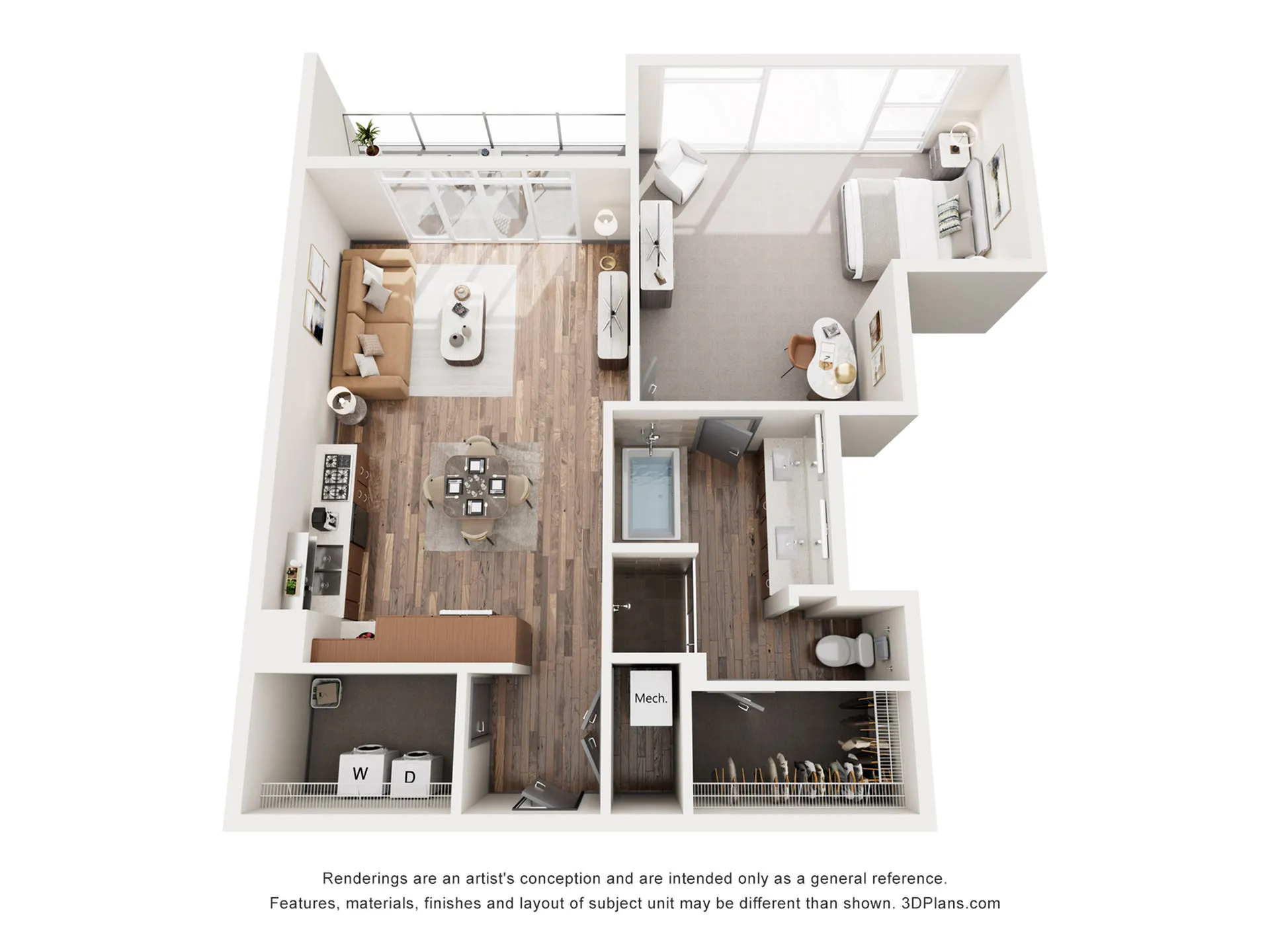 Chic 3D floor plan showcasing one-bedroom apartment with a stylish open-concept living and dining area, modern kitchen, spacious bathroom, and convenient in-unit laundry.