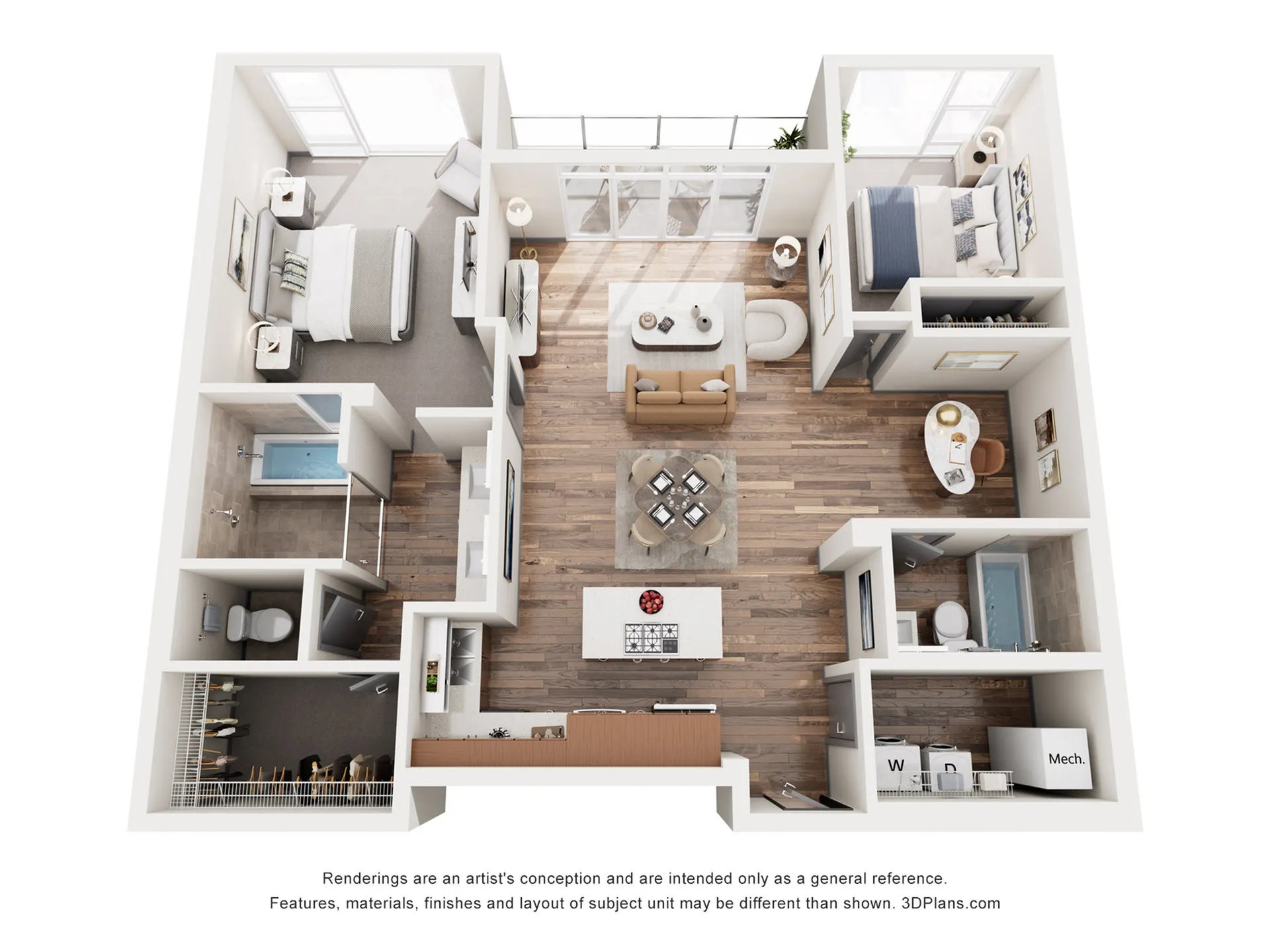 Contemporary 3D floor plan showcasing two cozy bedrooms, a spacious living area, modern kitchen, and stylish bathrooms, perfect for urban living.