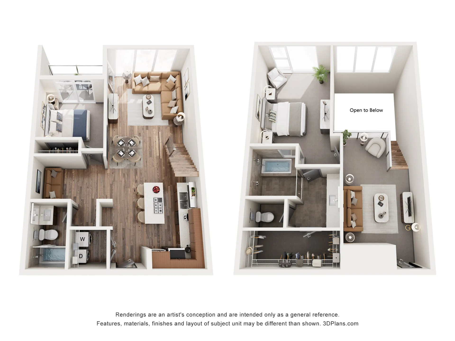 Modern two-level apartment floor plan featuring two bedrooms, an open-concept living area, and a stylish kitchen with bar seating. Includes two bathrooms, a cozy lounge area, and a balcony, highlighting spacious and contemporary living.