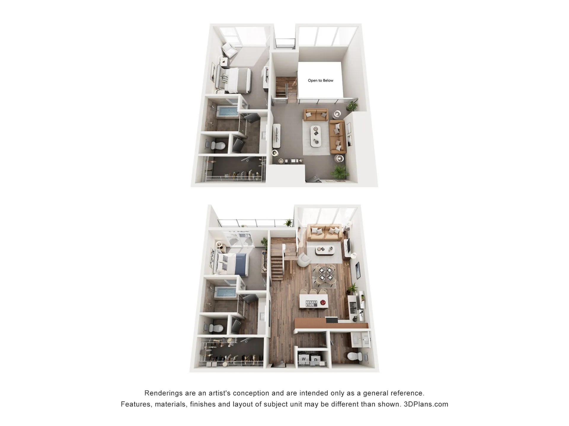 Chic bi-level apartment floor plan with three bedrooms, open-concept living area, and modern kitchen, ideal for urban living.