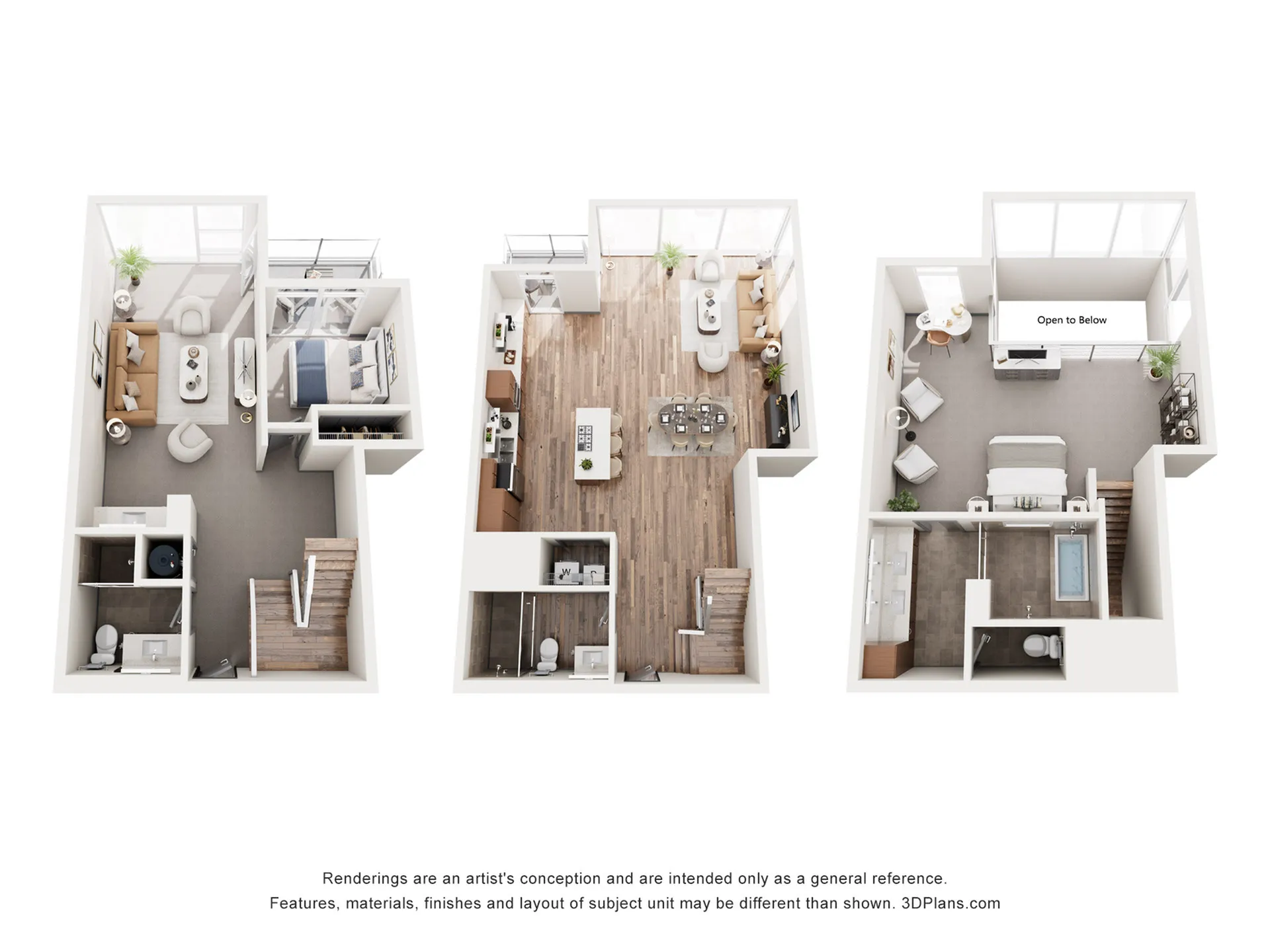 Elegant 3D floor plan showcasing three spacious levels with multiple bedrooms, open-concept living and dining areas, and balconies offering abundant natural light.