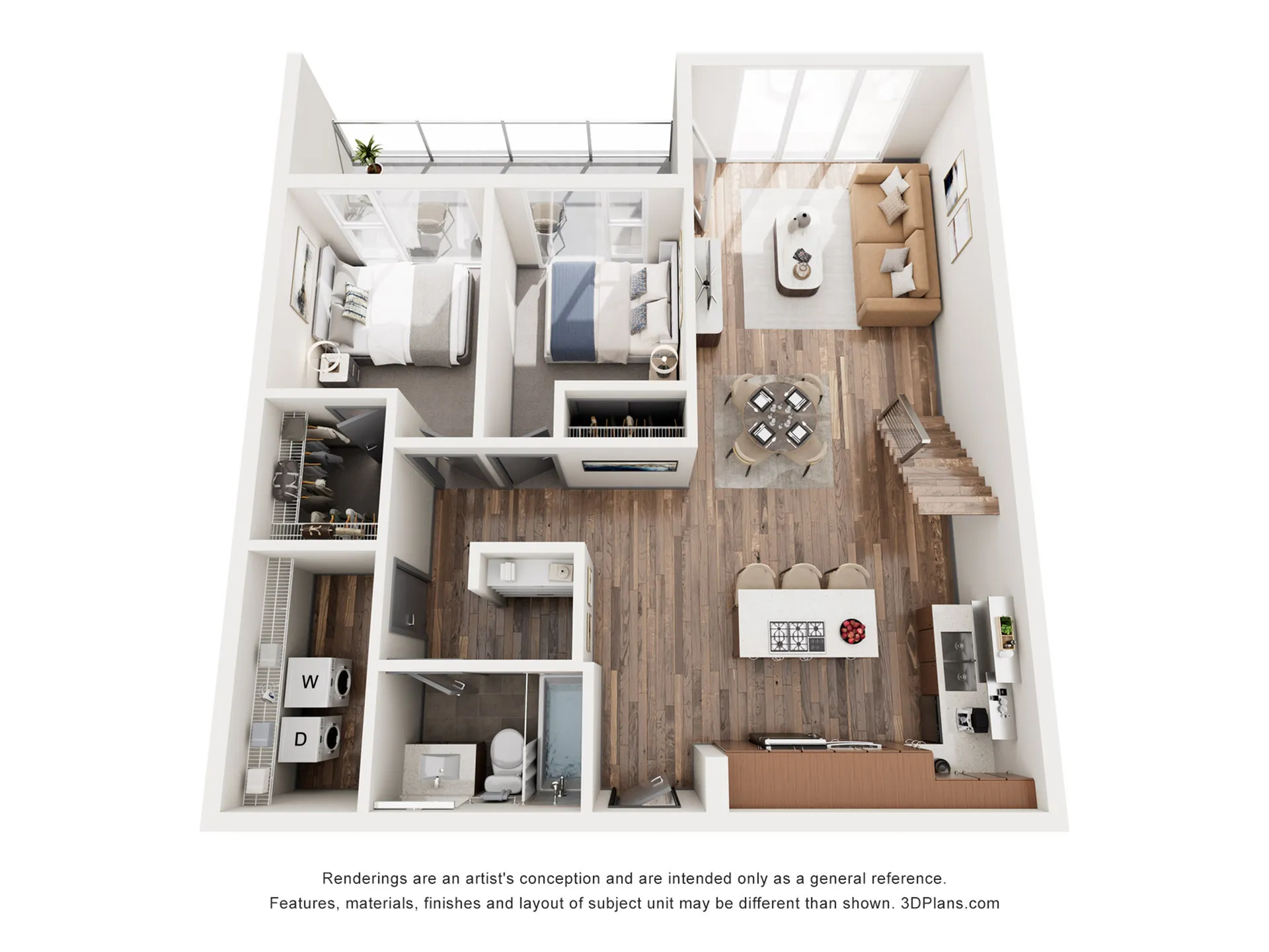 Chic and modern 2D floor plan showcasing two bedrooms, an open-concept living and dining area, and a state-of-the-art kitchen.