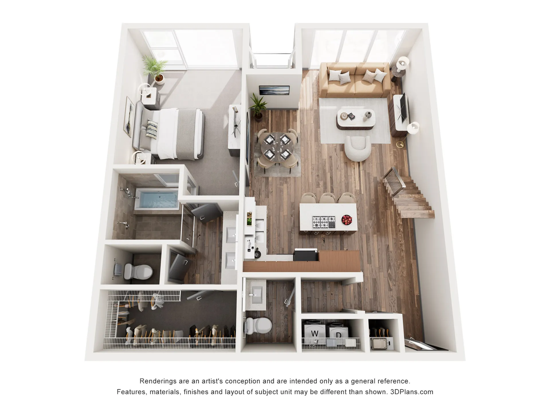 Modern 3D floor plan featuring a spacious open-concept living area, cozy bedroom, elegant bathroom, and stylish kitchen with sleek finishes.