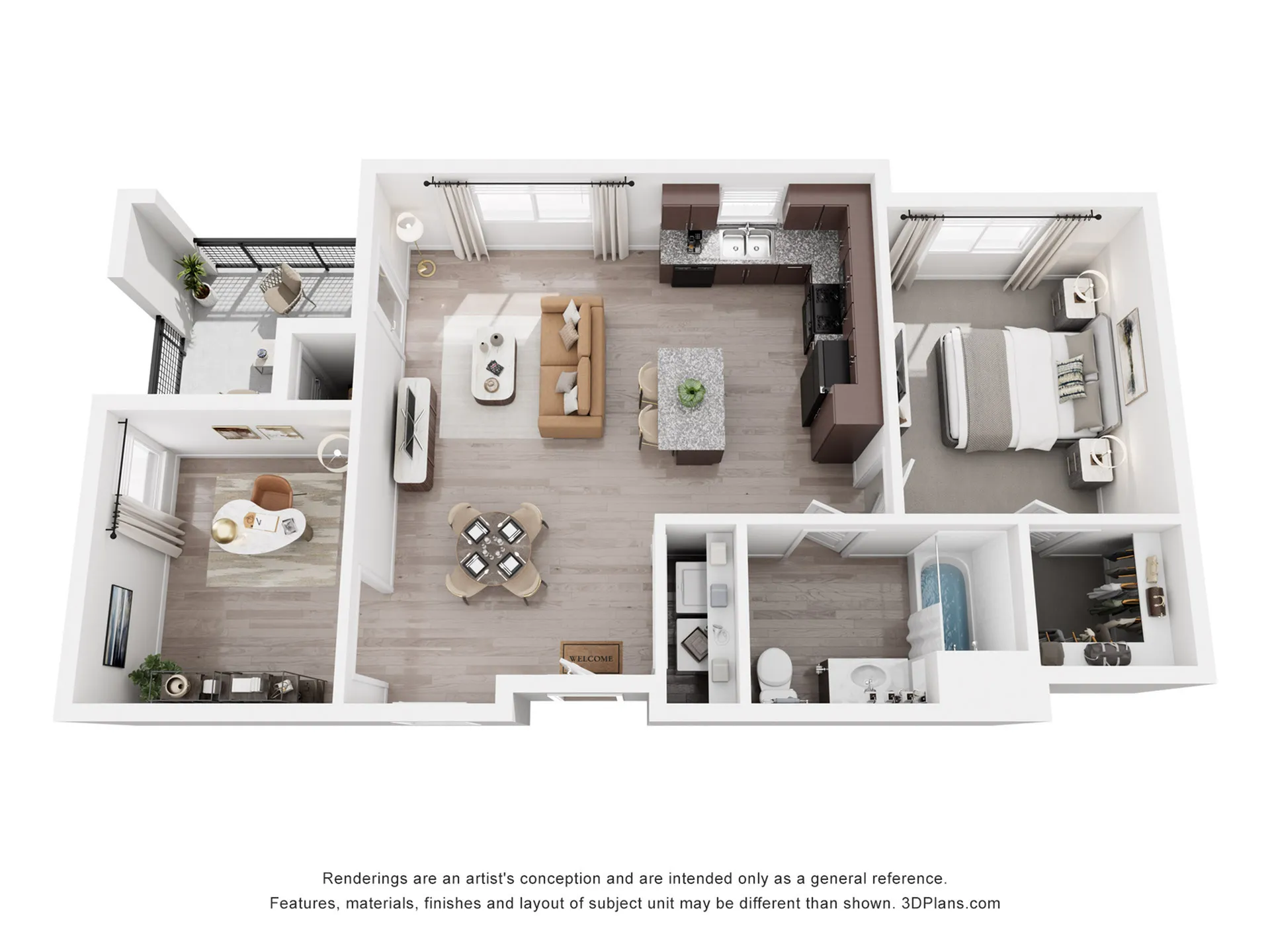 Modern 3D floor plan showcasing an elegant apartment with one bedroom, open-concept kitchen, cozy living area, dedicated workspace, and a private balcony.