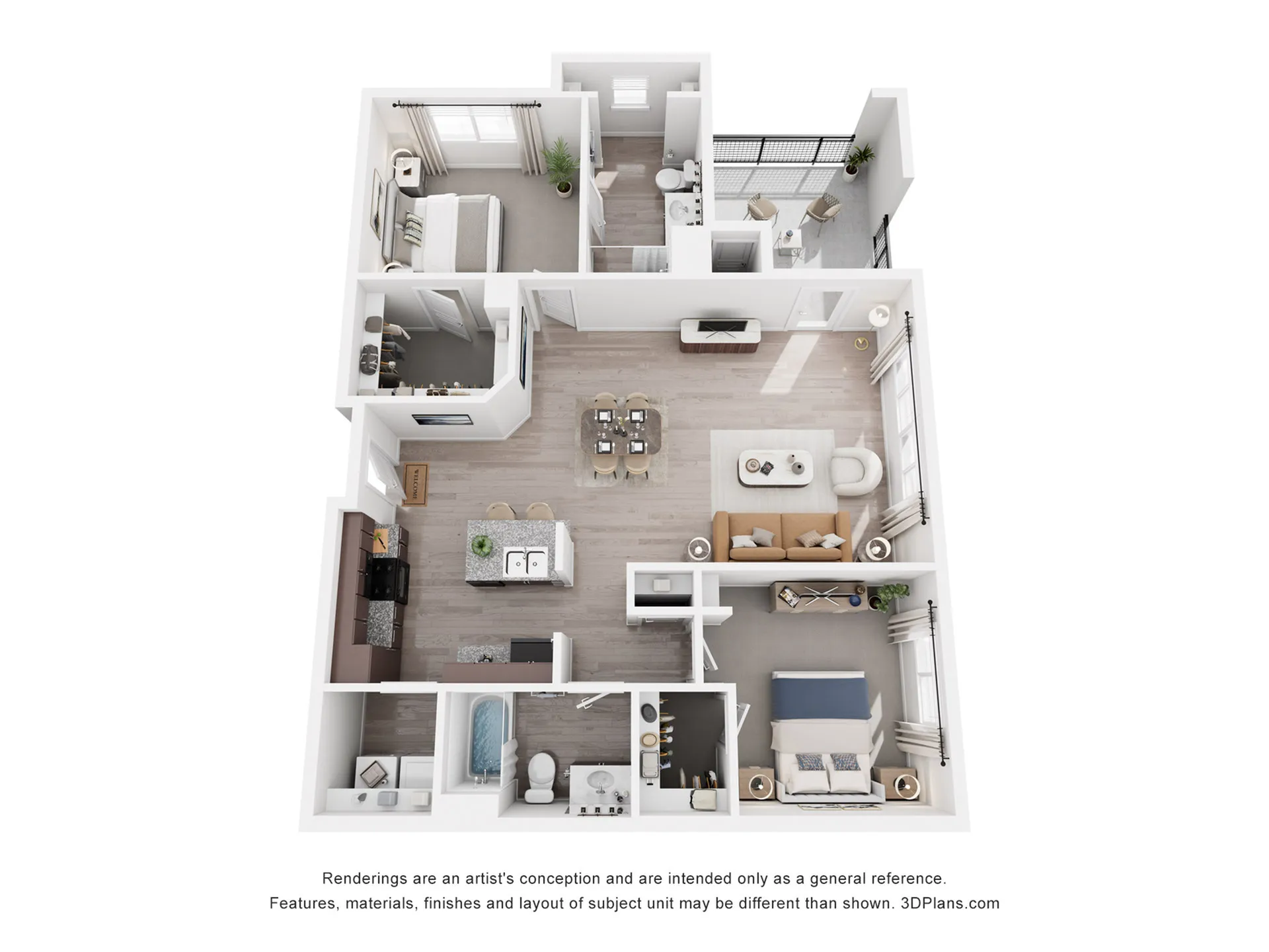 Modern 2D floor plan depicting a luxurious apartment with 2 bedrooms, a stylish open-concept living room, gourmet kitchen, and a private balcony.