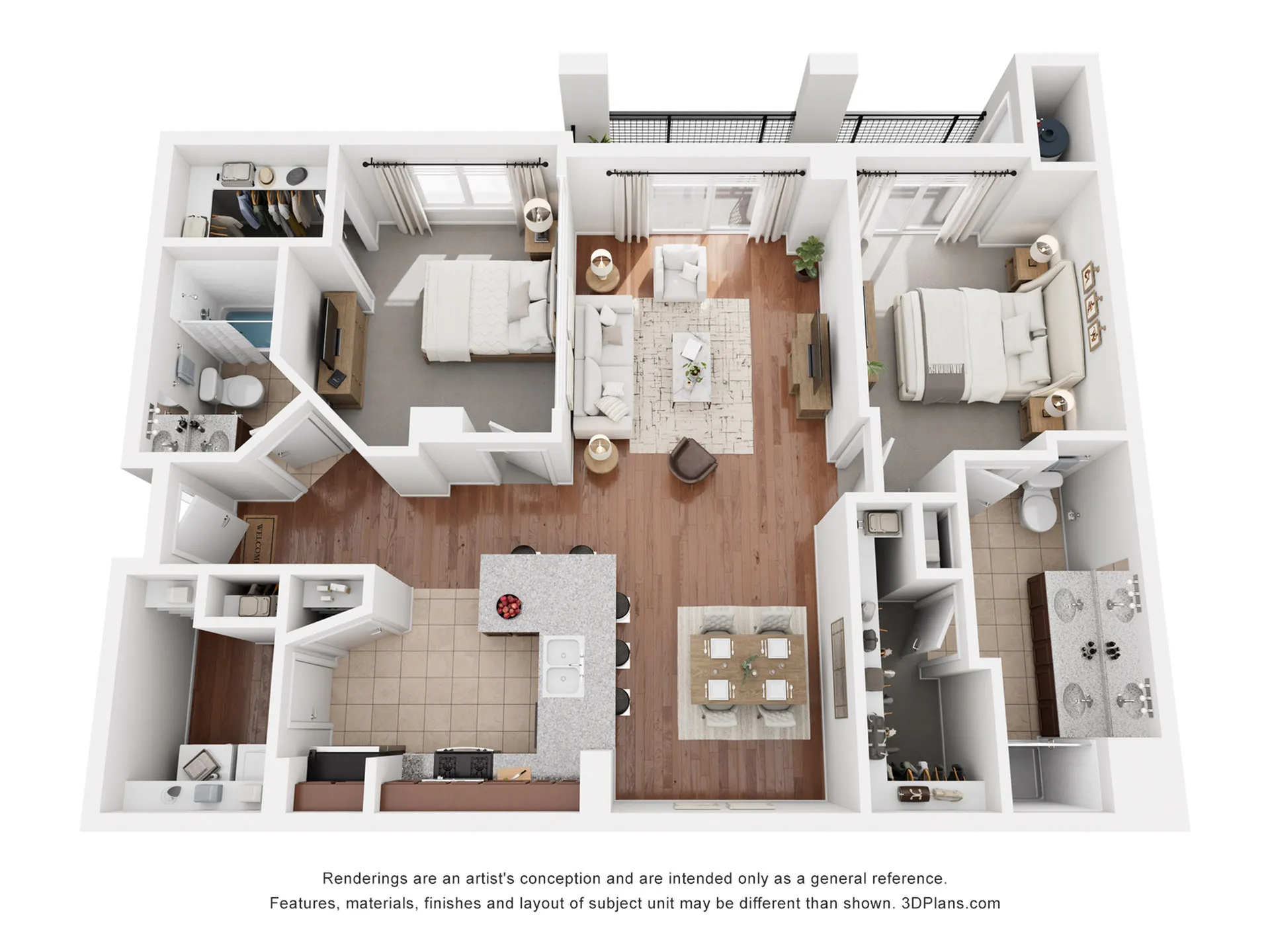 Modern apartment floor plan showcasing 2 bedrooms, an open-concept living area, and a sleek kitchen with island seating.