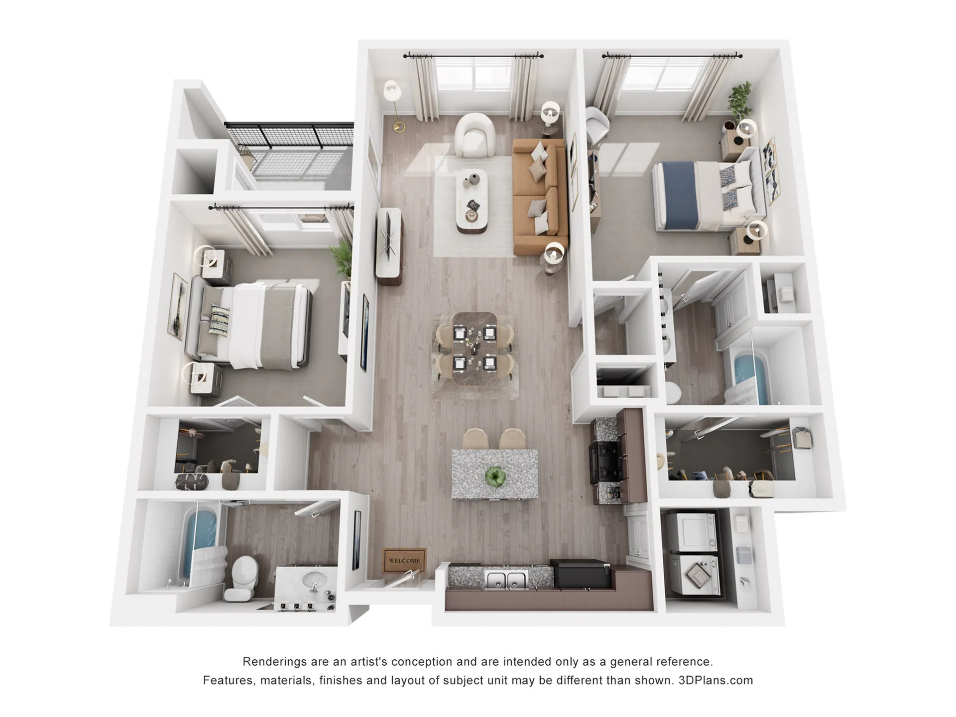 Modern 3D floor plan showcasing two stylish bedrooms, a cozy living area, gourmet kitchen, and two elegant bathrooms, designed for comfort and luxury.