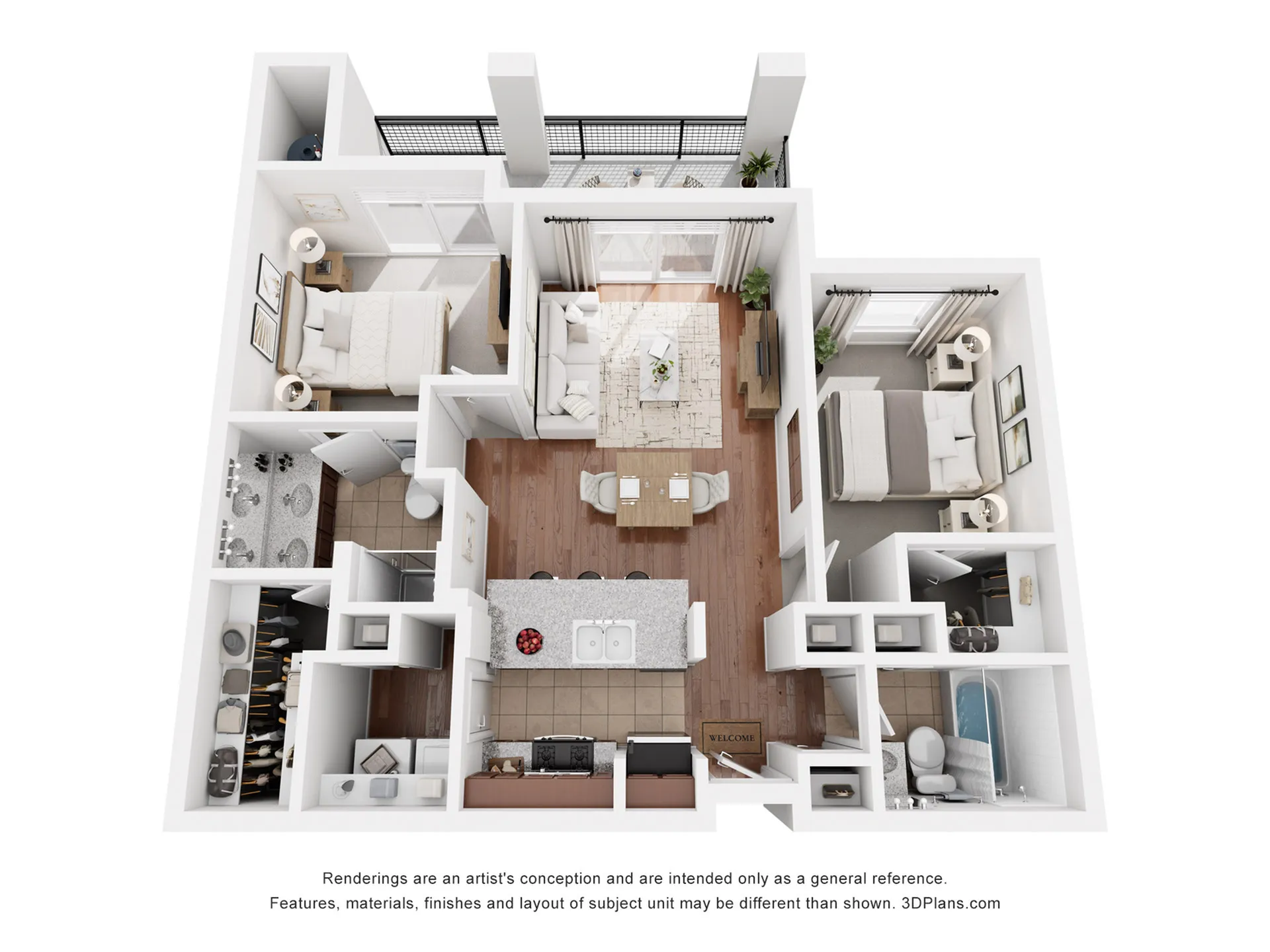 Chic 3D floor plan showcasing 2 elegant bedrooms, a modern open-concept living and dining area, and a well-appointed kitchen with stylish finishes.