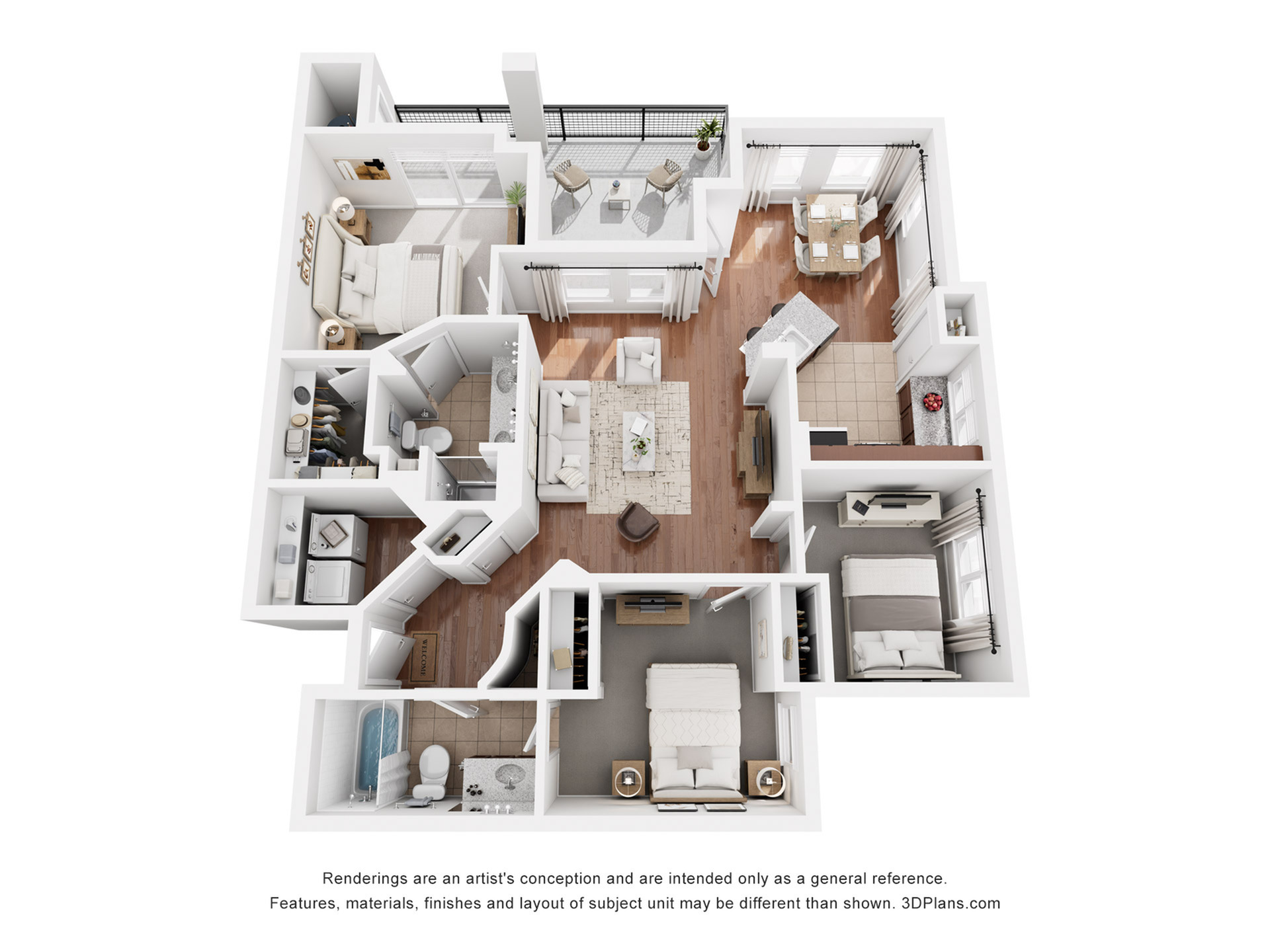 Elegant 3D floor plan with 2 bedrooms, 2 bathrooms, and an open-concept living area including a modern kitchen and dining space, showcasing stylish interior design.
